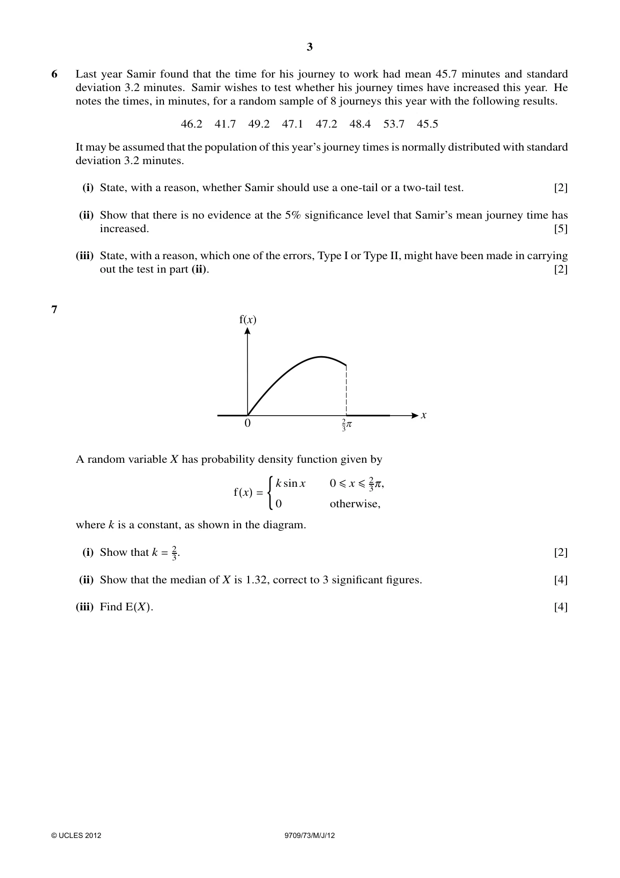 Cambridge A Level Mathematics 9709 2012 May/June Paper 7 · Variant 3 question paper, page 3 of 4