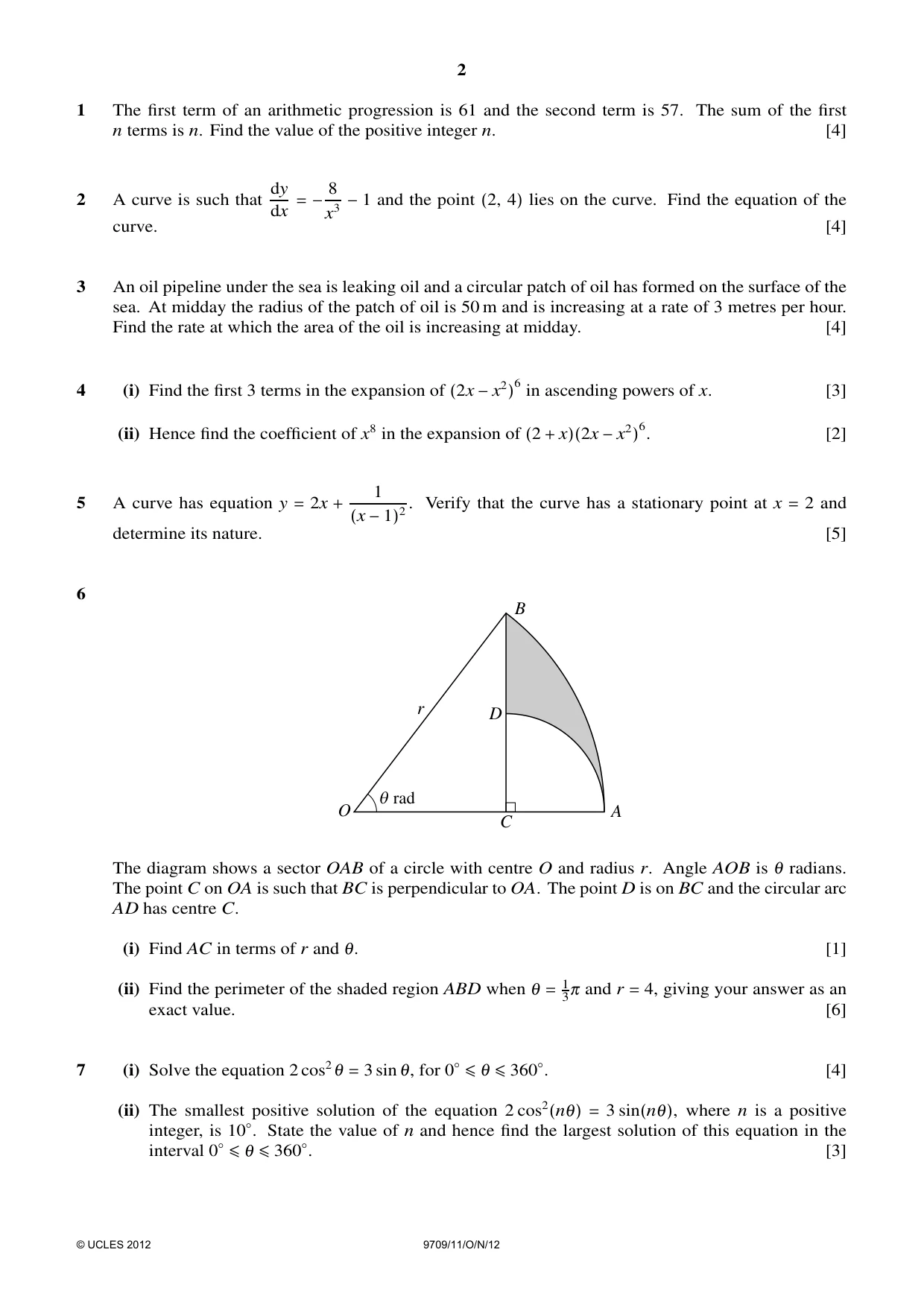 Cambridge A Level Mathematics 9709 2012 Oct/Nov Paper 1 · Variant 1 question paper, page 2 of 4