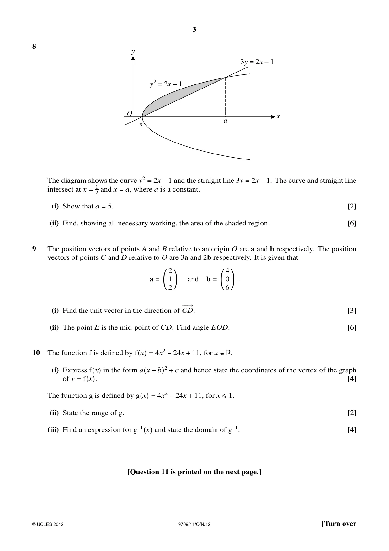 Cambridge A Level Mathematics 9709 2012 Oct/Nov Paper 1 · Variant 1 question paper, page 3 of 4