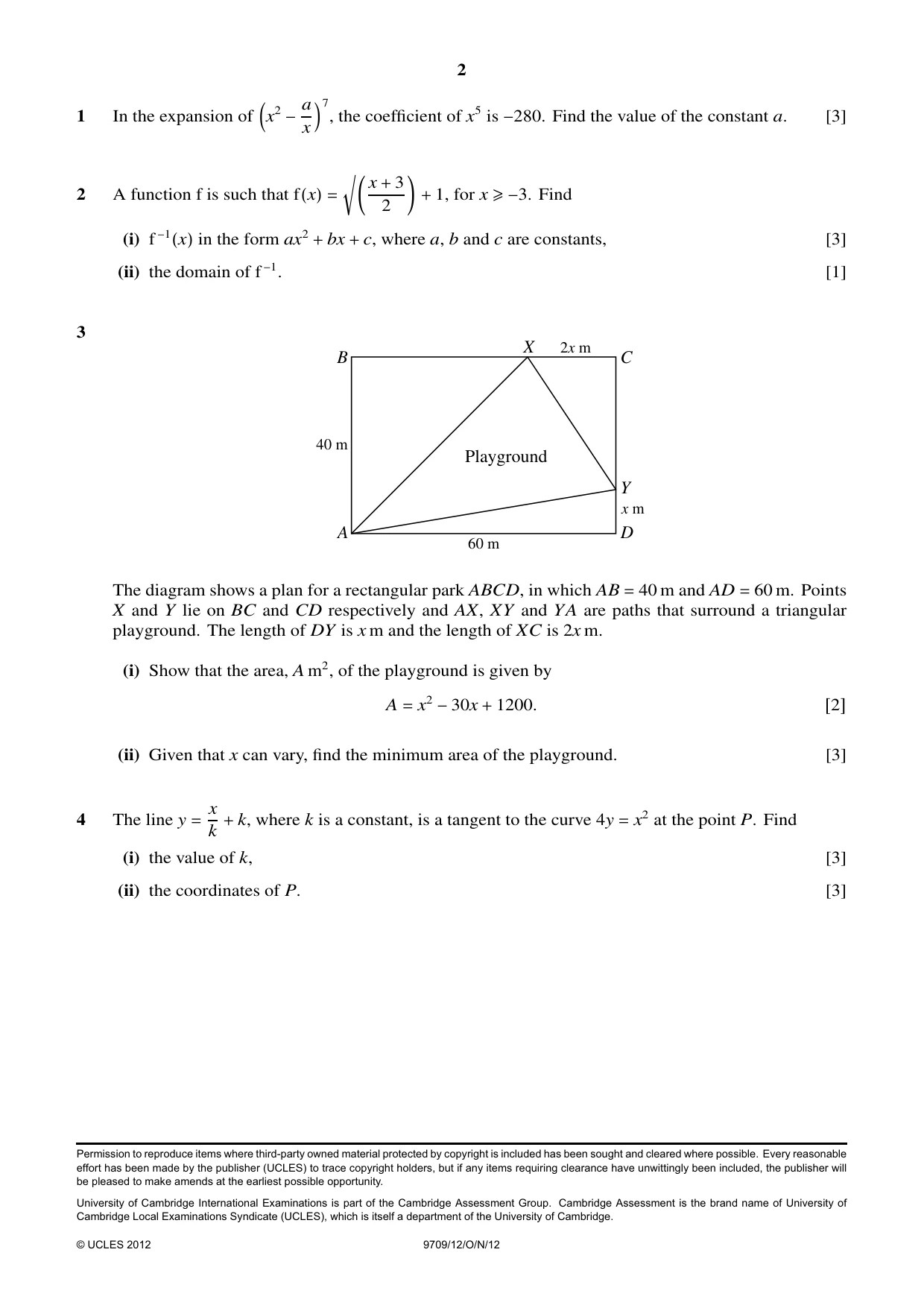 Cambridge A Level Mathematics 9709 2012 Oct/Nov Paper 1 · Variant 2 question paper, page 2 of 4