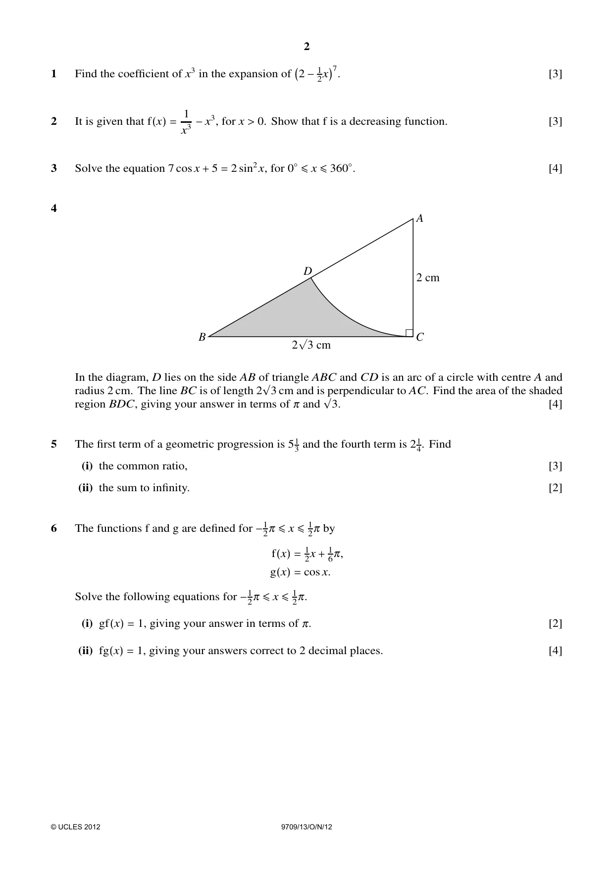 Cambridge A Level Mathematics 9709 2012 Oct/Nov Paper 1 · Variant 3 question paper, page 2 of 4