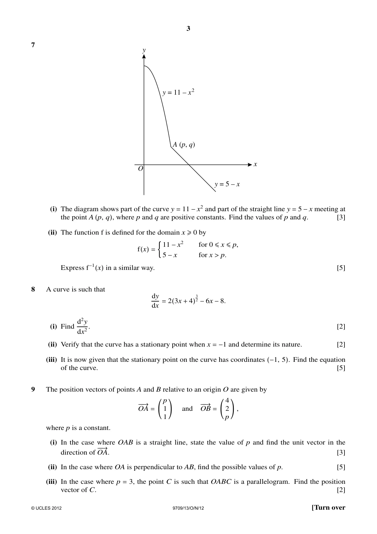 Cambridge A Level Mathematics 9709 2012 Oct/Nov Paper 1 · Variant 3 question paper, page 3 of 4