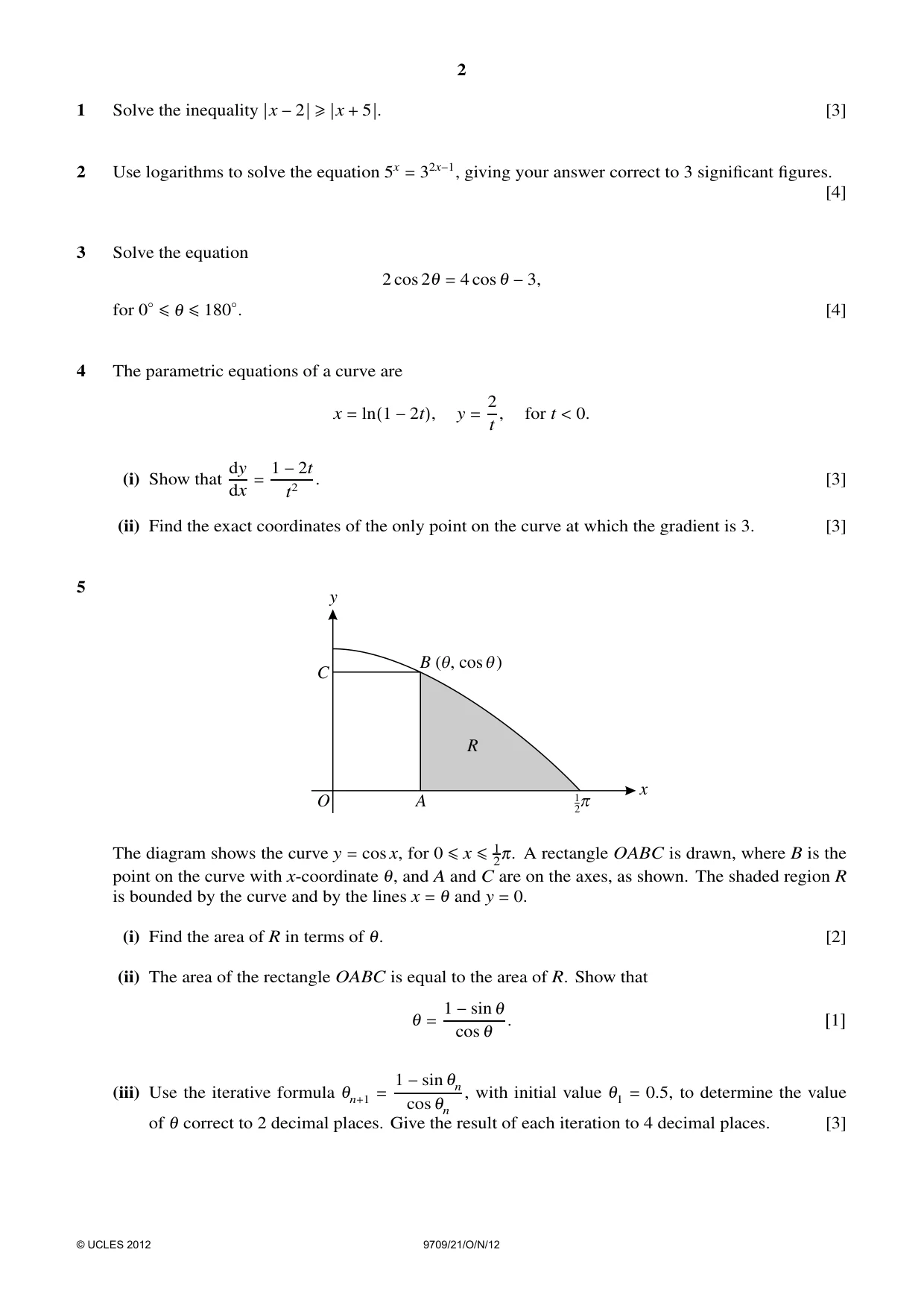 Cambridge A Level Mathematics 9709 2012 Oct/Nov Paper 2 · Variant 1 question paper, page 2 of 4