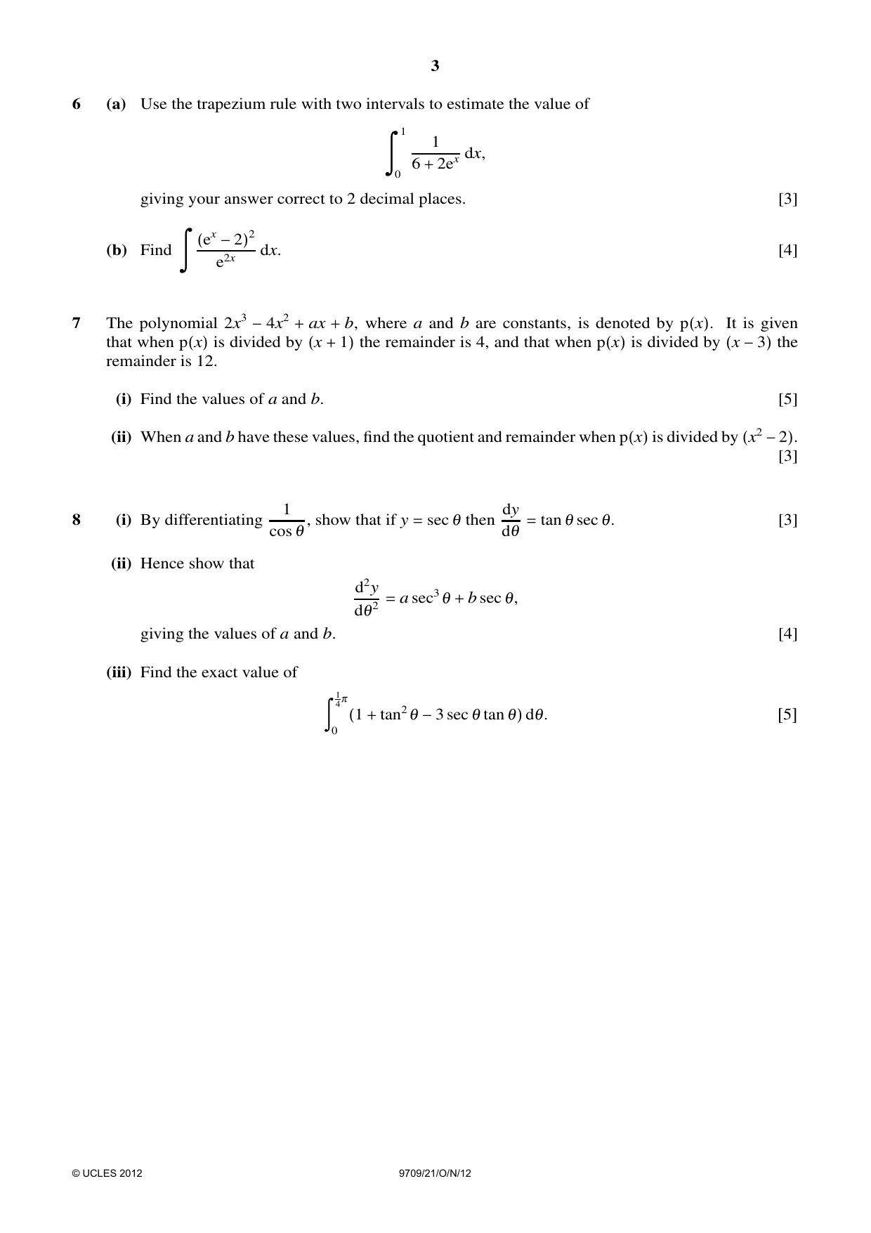 Cambridge A Level Mathematics 9709 2012 Oct/Nov Paper 2 · Variant 1 question paper, page 3 of 4
