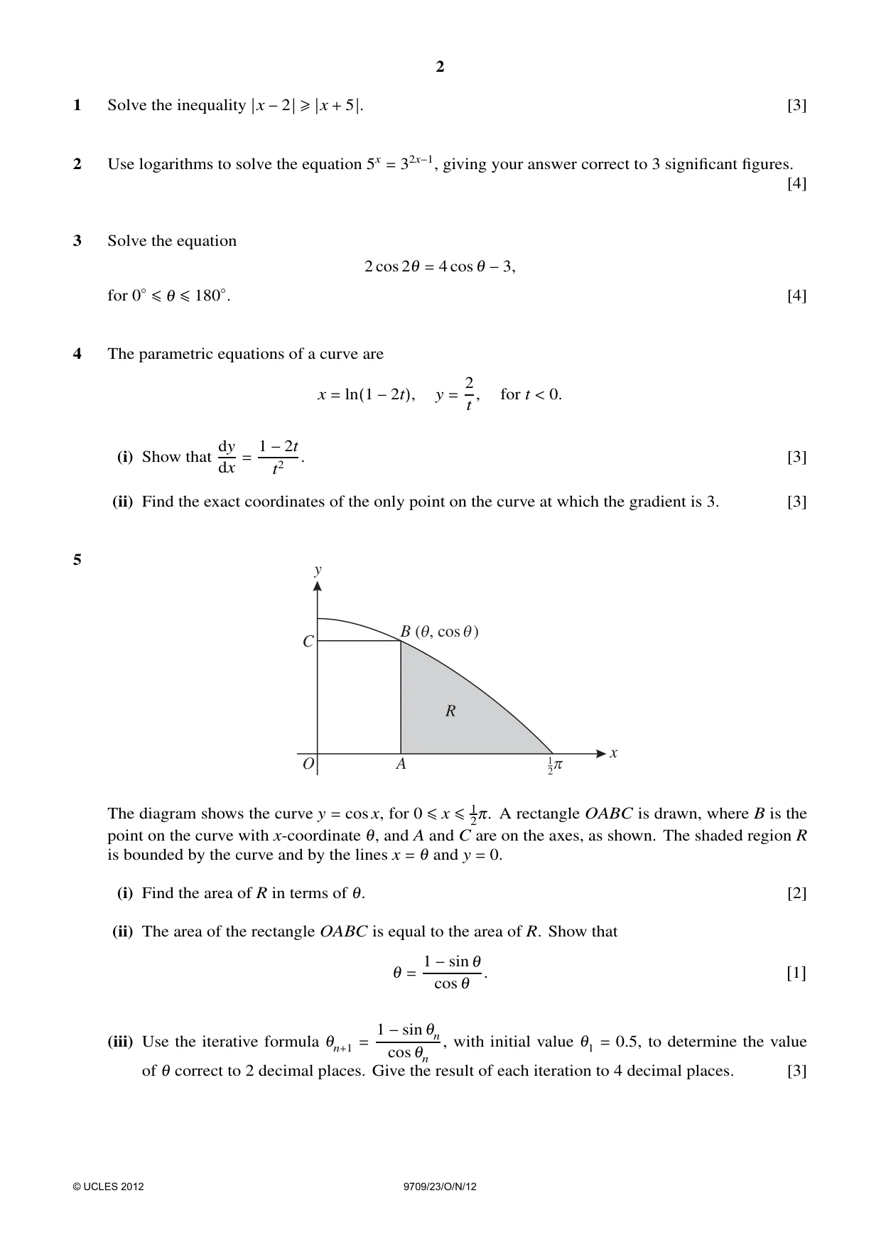 Cambridge A Level Mathematics 9709 2012 Oct/Nov Paper 2 · Variant 3 question paper, page 2 of 4