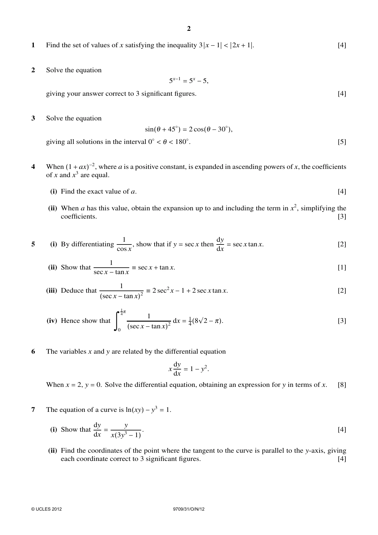 Cambridge A Level Mathematics 9709 2012 Oct/Nov Paper 3 · Variant 1 question paper, page 2 of 4