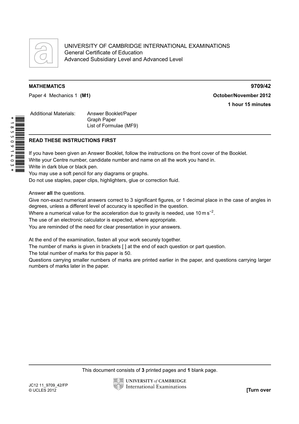 Cambridge A Level Mathematics 9709 2012 Oct/Nov Paper 4 · Variant 2 question paper, page 1 of 4