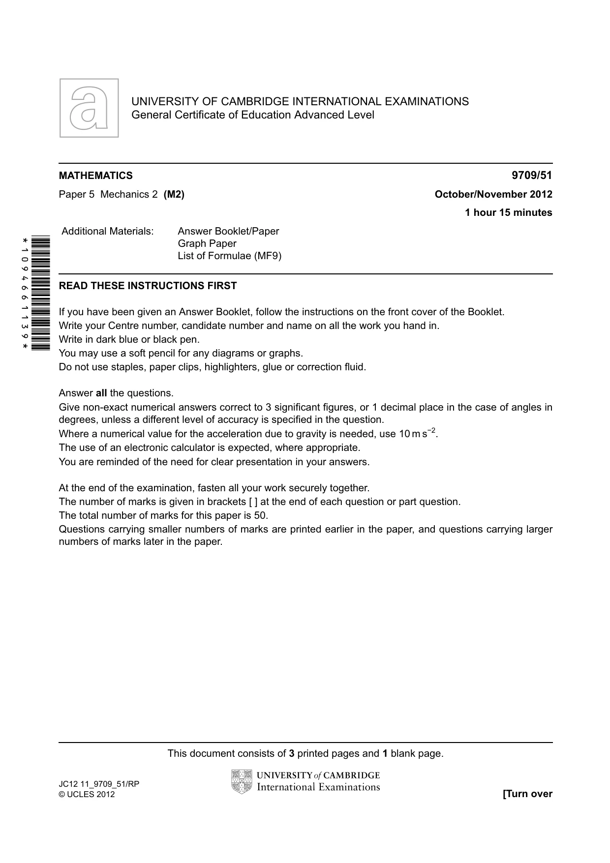 Cambridge A Level Mathematics 9709 2012 Oct/Nov Paper 5 · Variant 1 question paper, page 1 of 4
