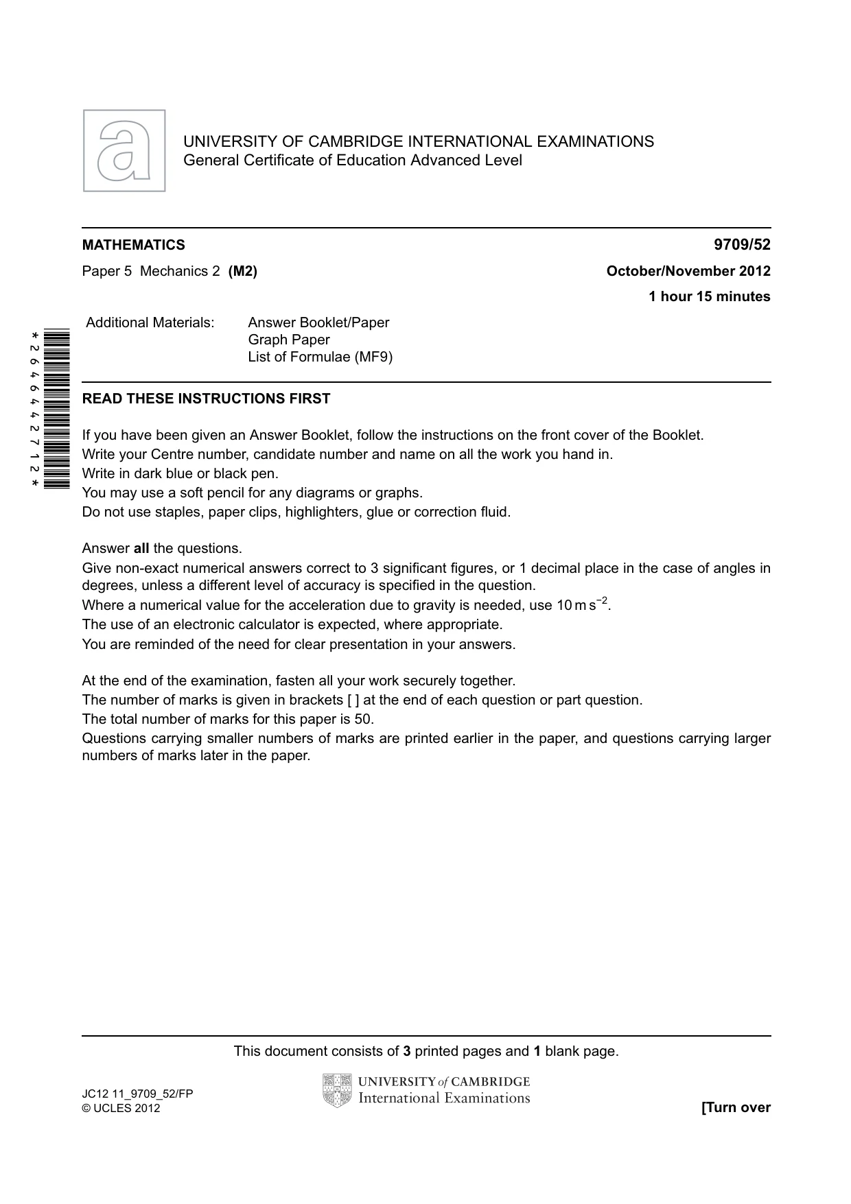 Cambridge A Level Mathematics 9709 2012 Oct/Nov Paper 5 · Variant 2 question paper, page 1 of 4
