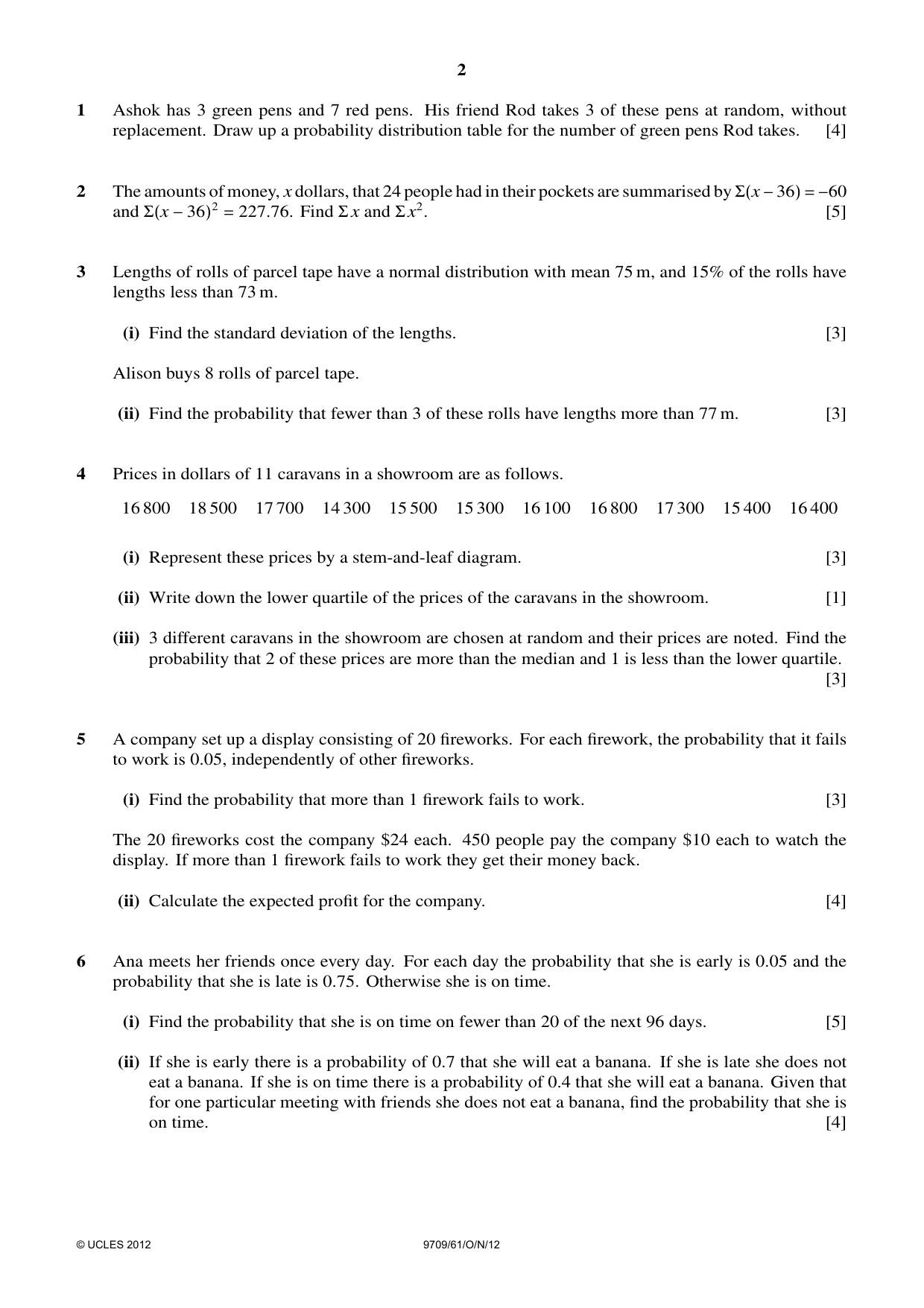 Cambridge A Level Mathematics 9709 2012 Oct/Nov Paper 6 · Variant 1 question paper, page 2 of 4
