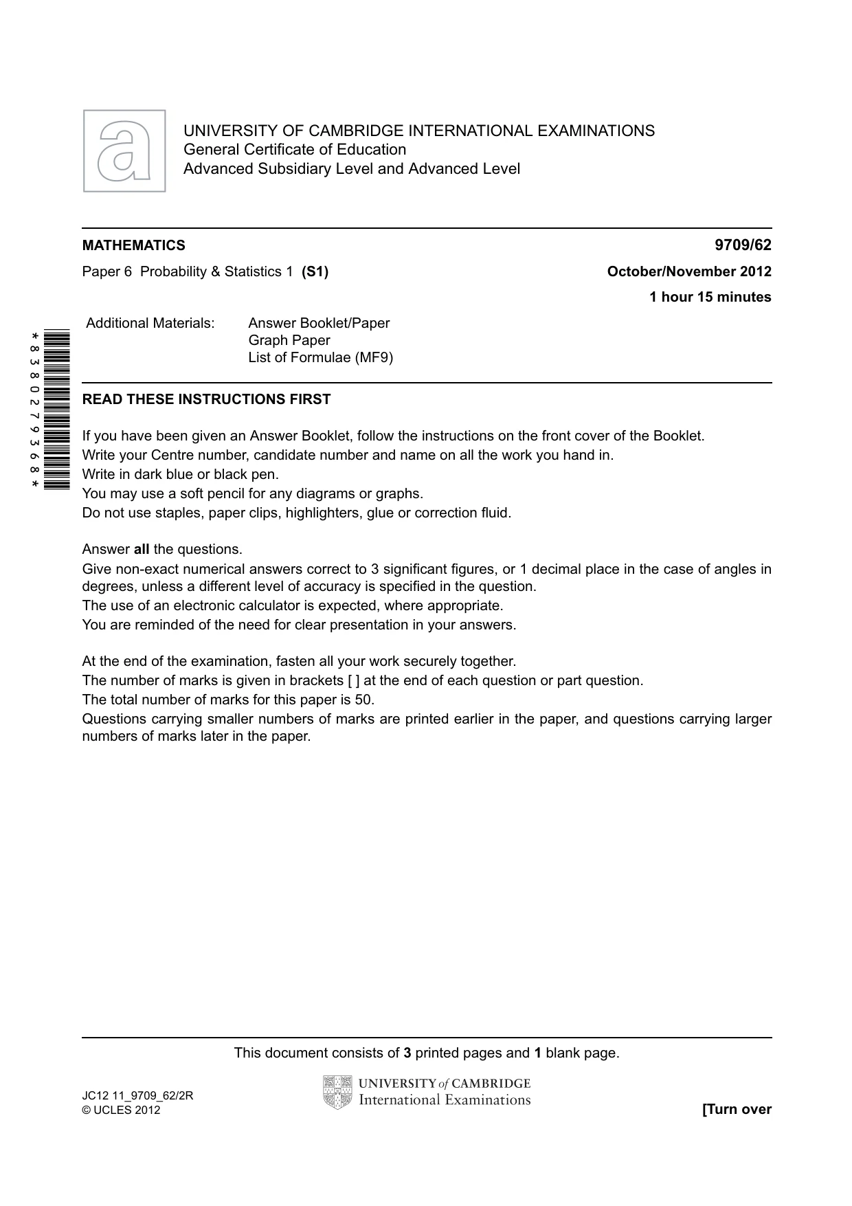 Cambridge A Level Mathematics 9709 2012 Oct/Nov Paper 6 · Variant 2 question paper, page 1 of 4