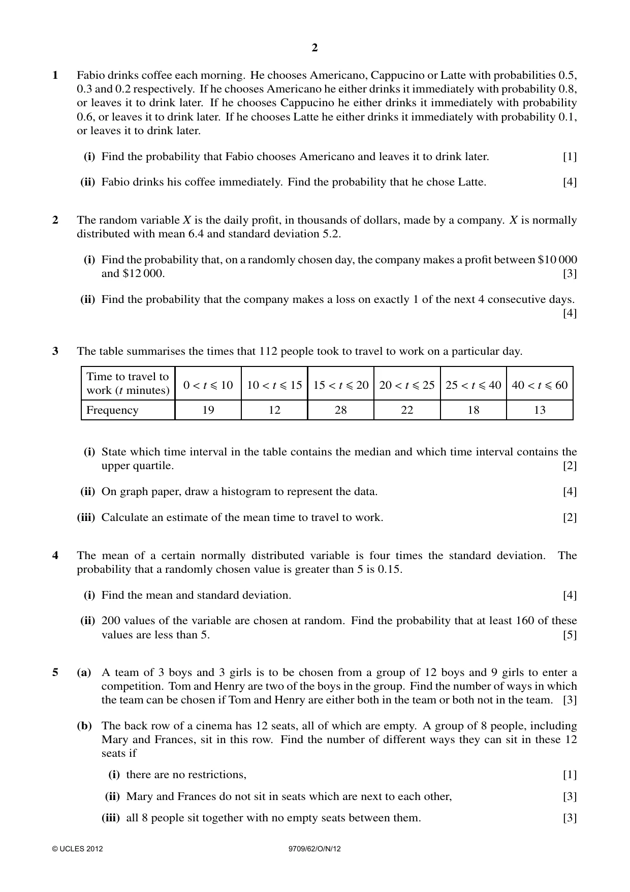 Cambridge A Level Mathematics 9709 2012 Oct/Nov Paper 6 · Variant 2 question paper, page 2 of 4