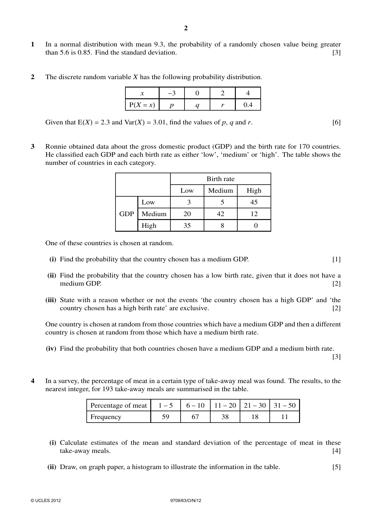 Cambridge A Level Mathematics 9709 2012 Oct/Nov Paper 6 · Variant 3 question paper, page 2 of 4