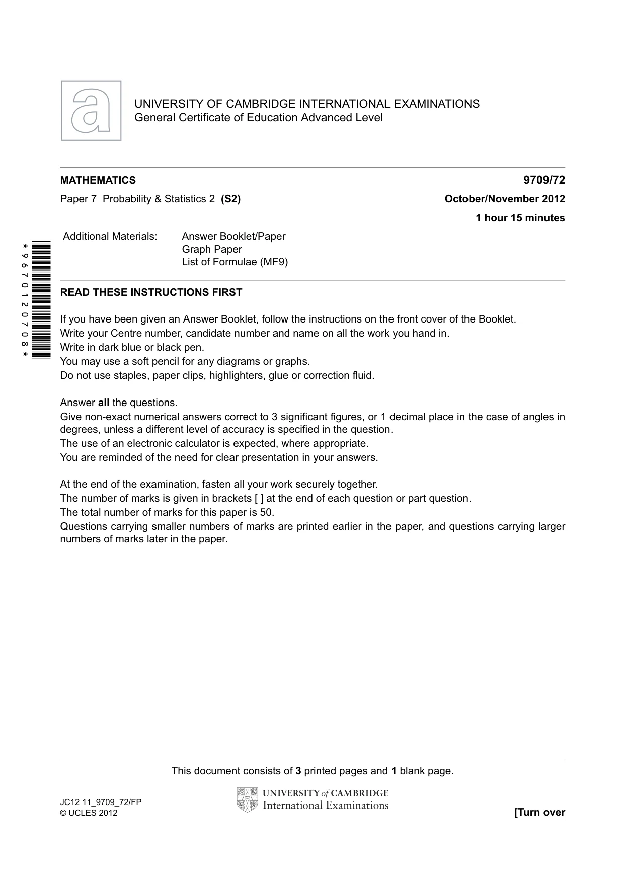 Cambridge A Level Mathematics 9709 2012 Oct/Nov Paper 7 · Variant 2 question paper, page 1 of 4