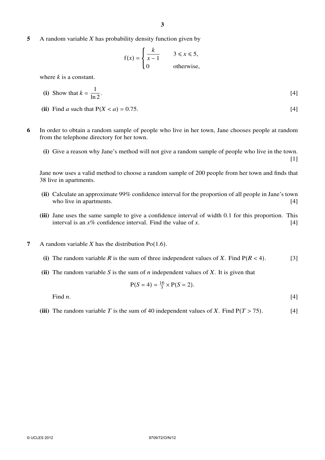 Cambridge A Level Mathematics 9709 2012 Oct/Nov Paper 7 · Variant 2 question paper, page 3 of 4