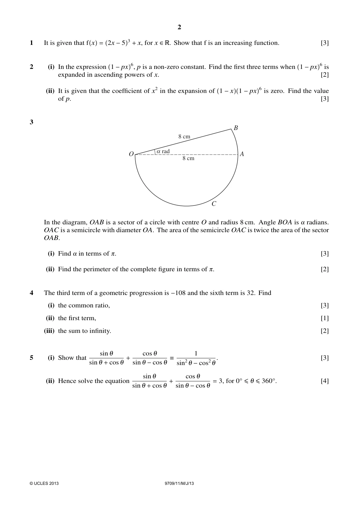 Cambridge A Level Mathematics 9709 2013 May/June Paper 1 · Variant 1 question paper, page 2 of 4