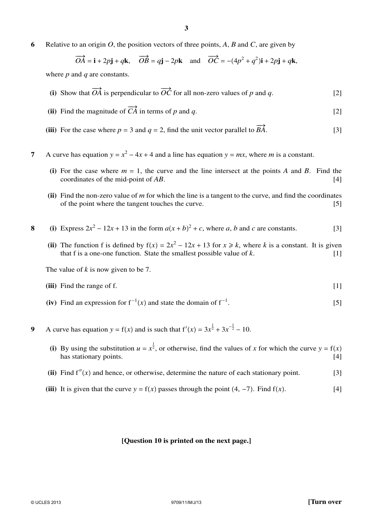 Cambridge A Level Mathematics 9709 2013 May/June Paper 1 · Variant 1 question paper, page 3 of 4