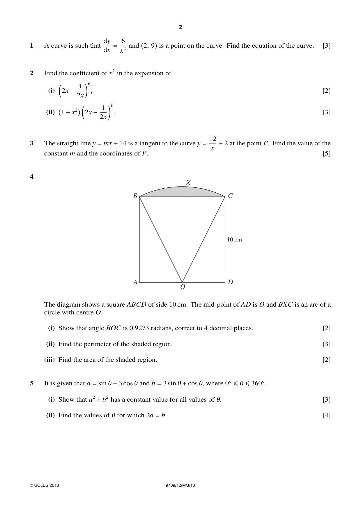 Cambridge A Level Mathematics 9709 2013 May/June Paper 1 · Variant 2 question paper, page 2 of 4
