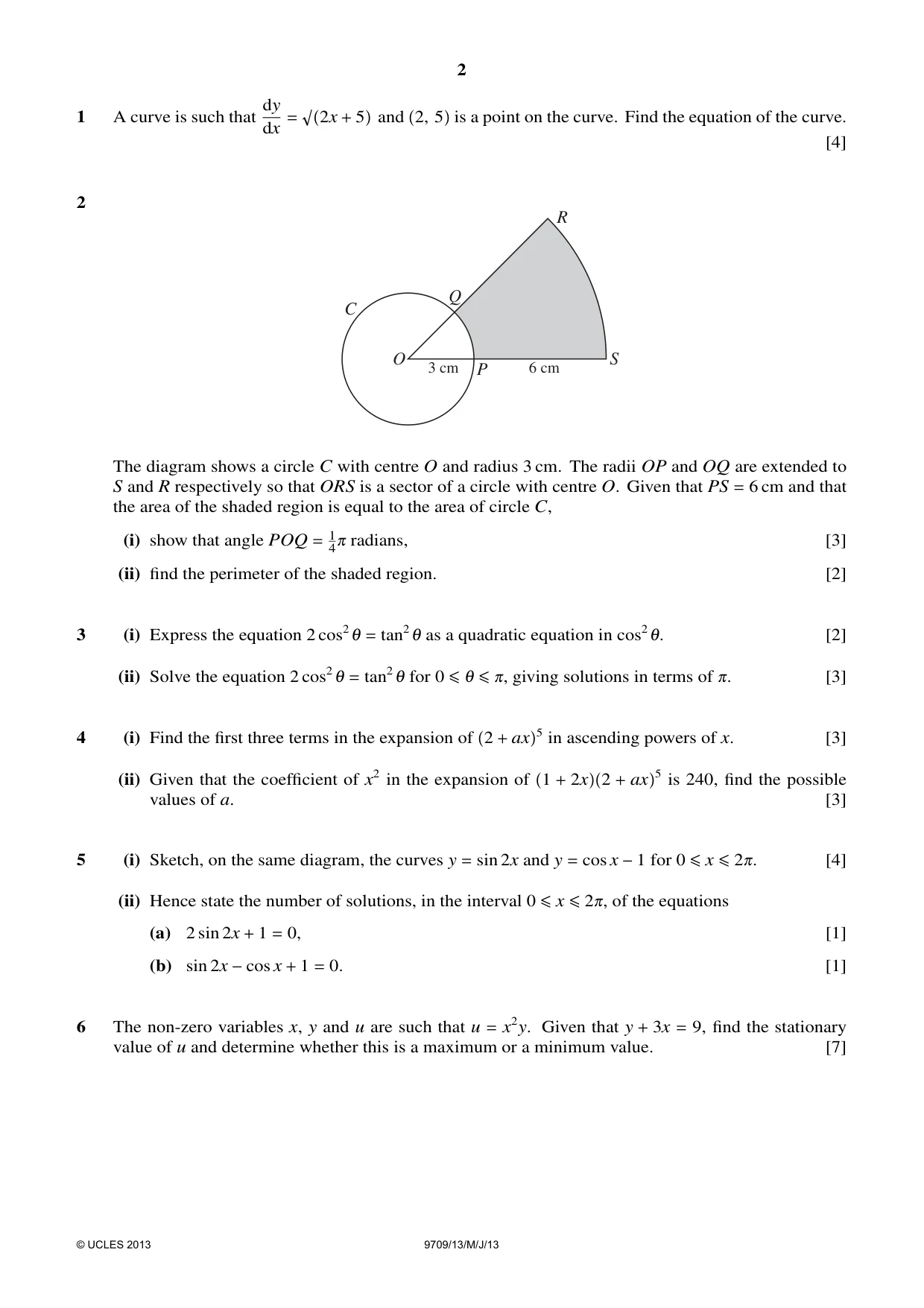 Cambridge A Level Mathematics 9709 2013 May/June Paper 1 · Variant 3 question paper, page 2 of 4