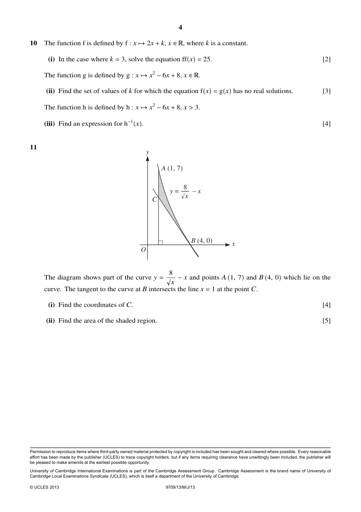 Cambridge A Level Mathematics 9709 2013 May/June Paper 1 · Variant 3 question paper, page 4 of 4