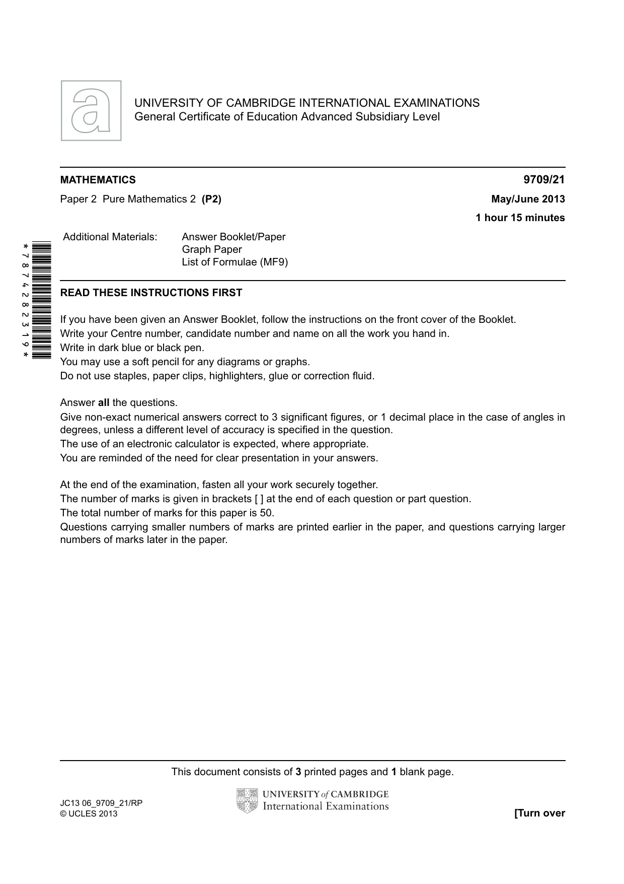 Cambridge A Level Mathematics 9709 2013 May/June Paper 2 · Variant 1 question paper, page 1 of 4