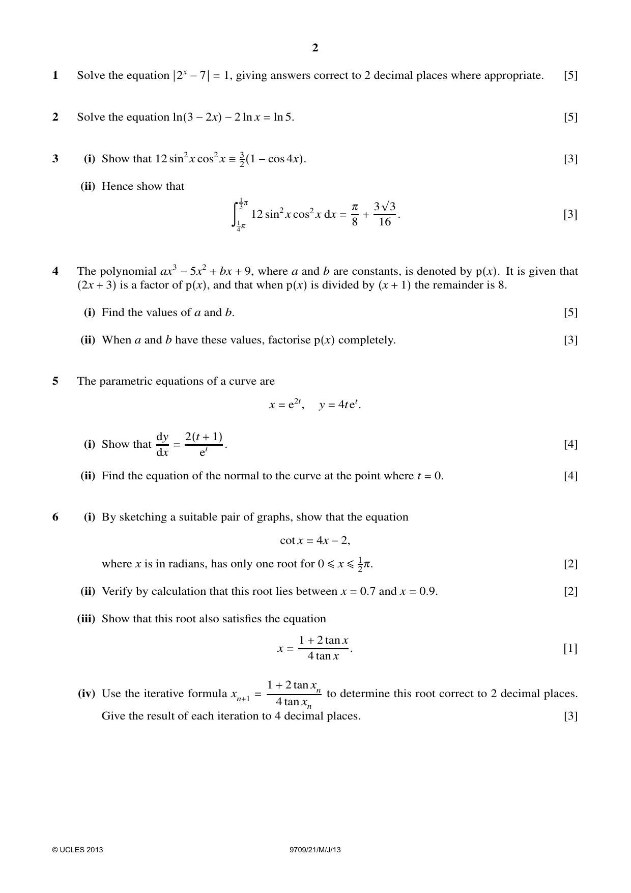 Cambridge A Level Mathematics 9709 2013 May/June Paper 2 · Variant 1 question paper, page 2 of 4