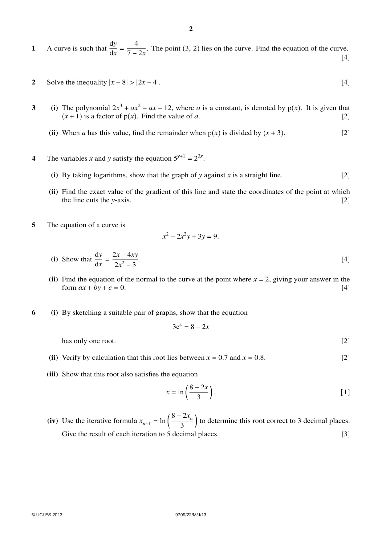 Cambridge A Level Mathematics 9709 2013 May/June Paper 2 · Variant 2 question paper, page 2 of 4