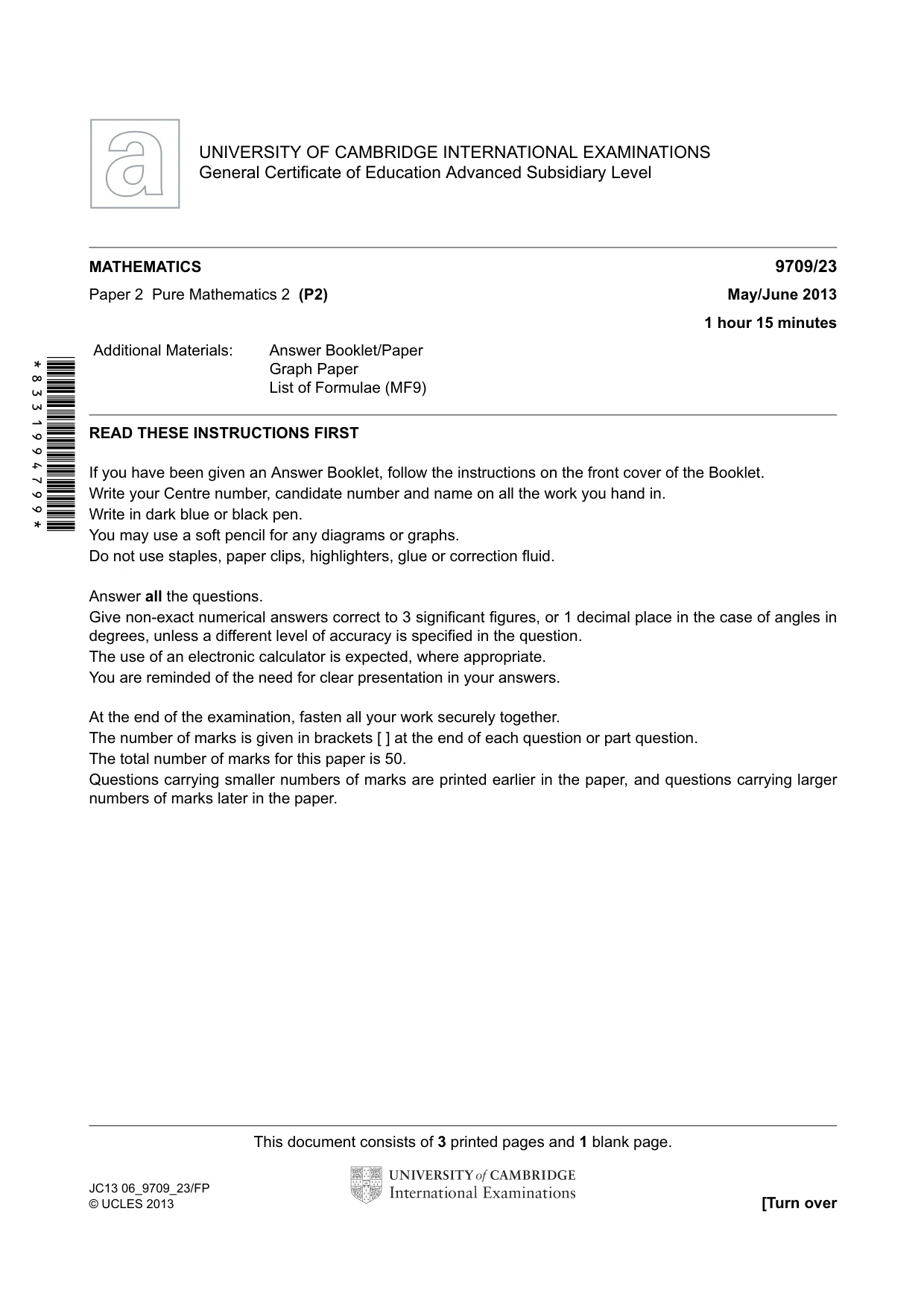 Cambridge A Level Mathematics 9709 2013 May/June Paper 2 · Variant 3 question paper, page 1 of 4