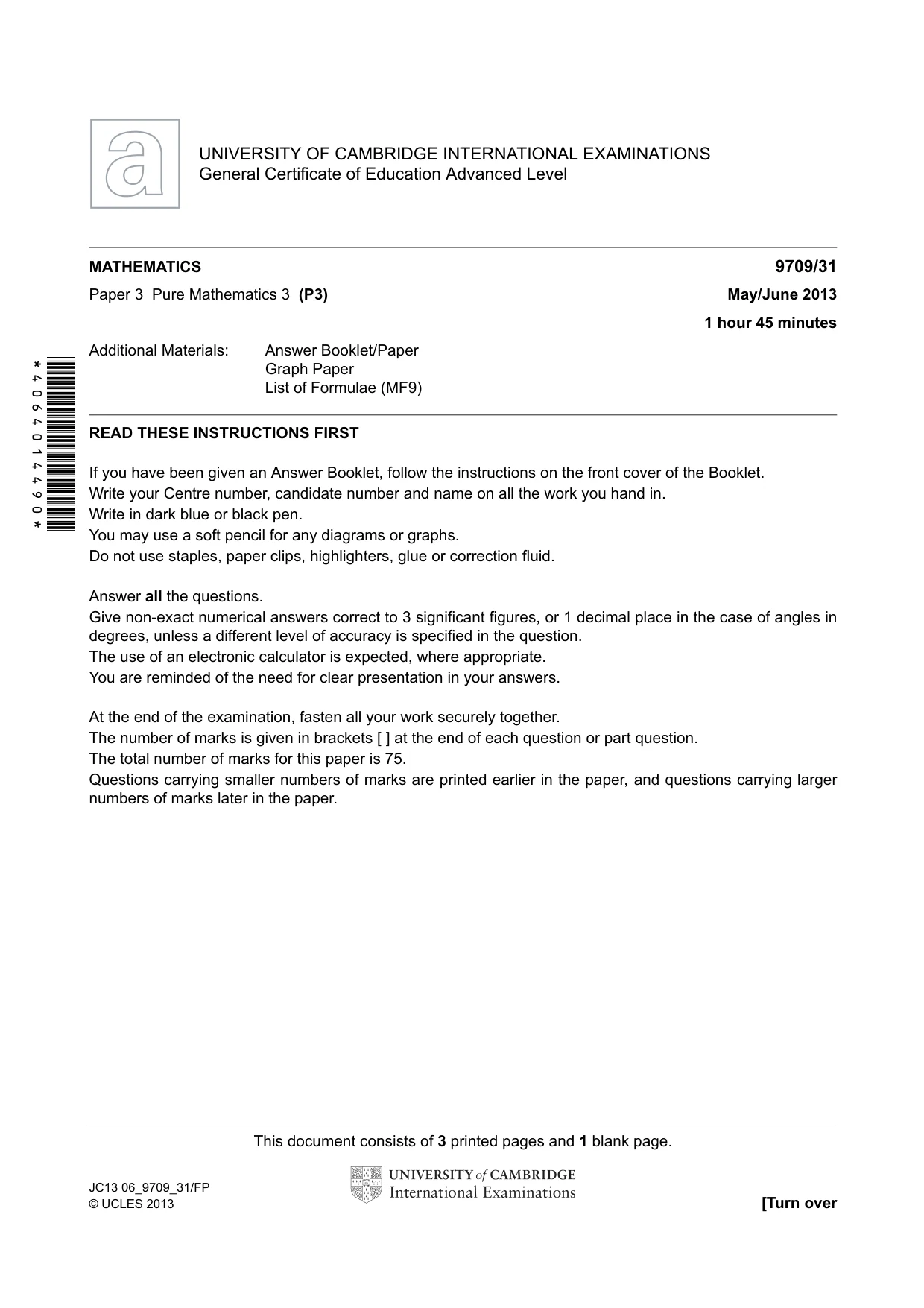 Cambridge A Level Mathematics 9709 2013 May/June Paper 3 · Variant 1 question paper, page 1 of 4