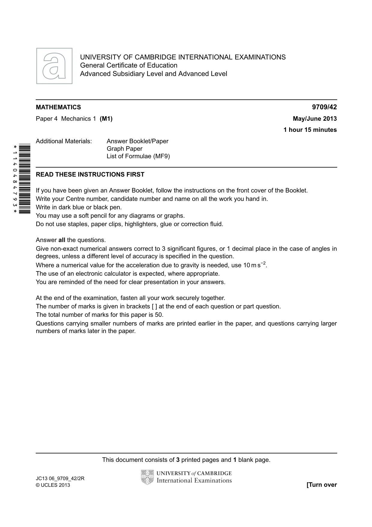 Cambridge A Level Mathematics 9709 2013 May/June Paper 4 · Variant 2 question paper, page 1 of 4