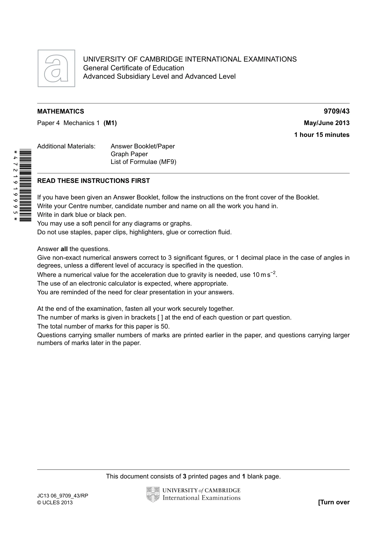 Cambridge A Level Mathematics 9709 2013 May/June Paper 4 · Variant 3 question paper, page 1 of 4