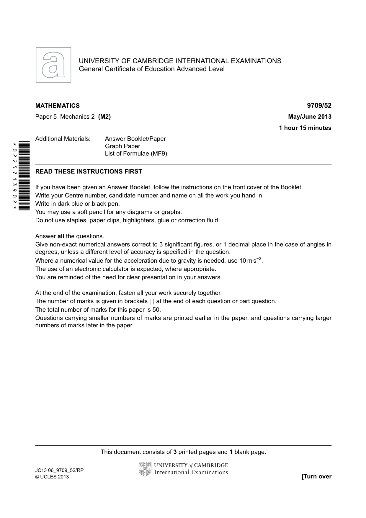 Cambridge A Level Mathematics 9709 2013 May/June Paper 5 · Variant 2 question paper, page 1 of 4