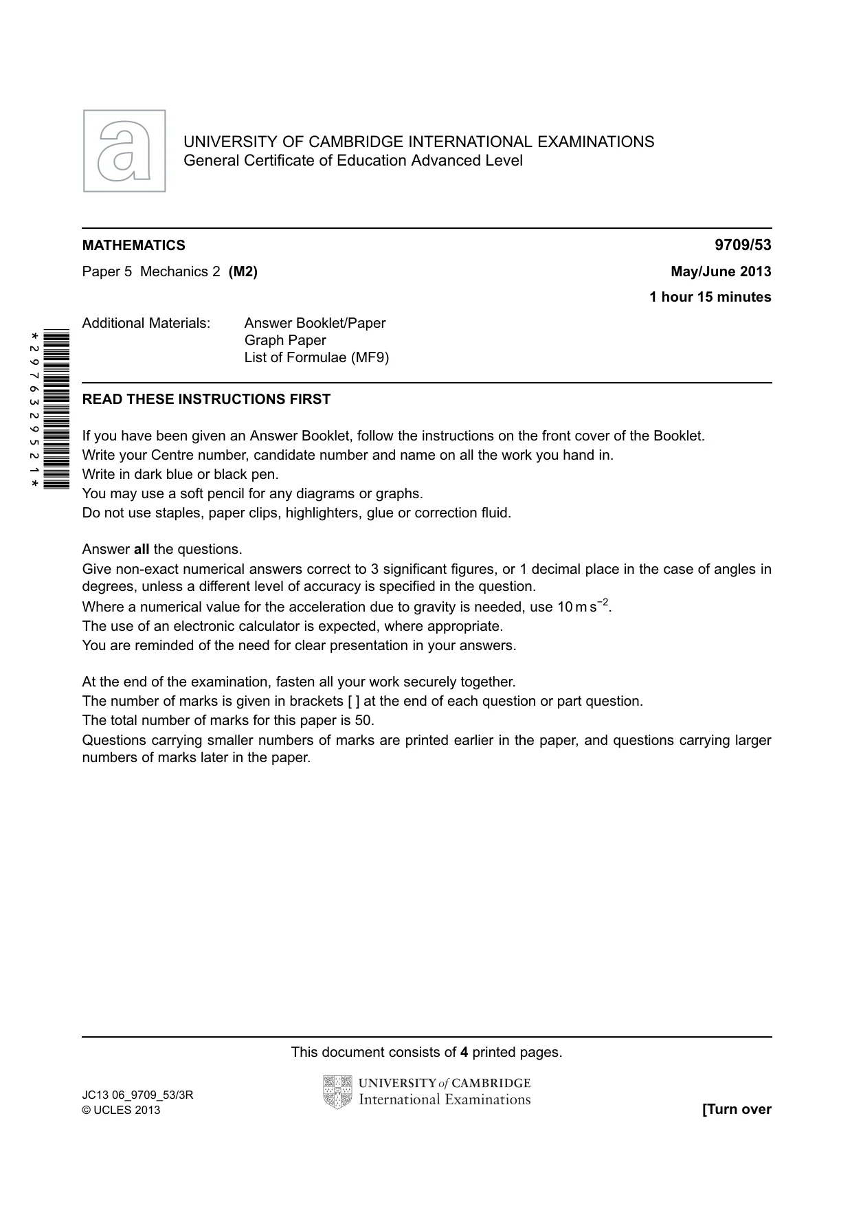 Cambridge A Level Mathematics 9709 2013 May/June Paper 5 · Variant 3 question paper, page 1 of 4