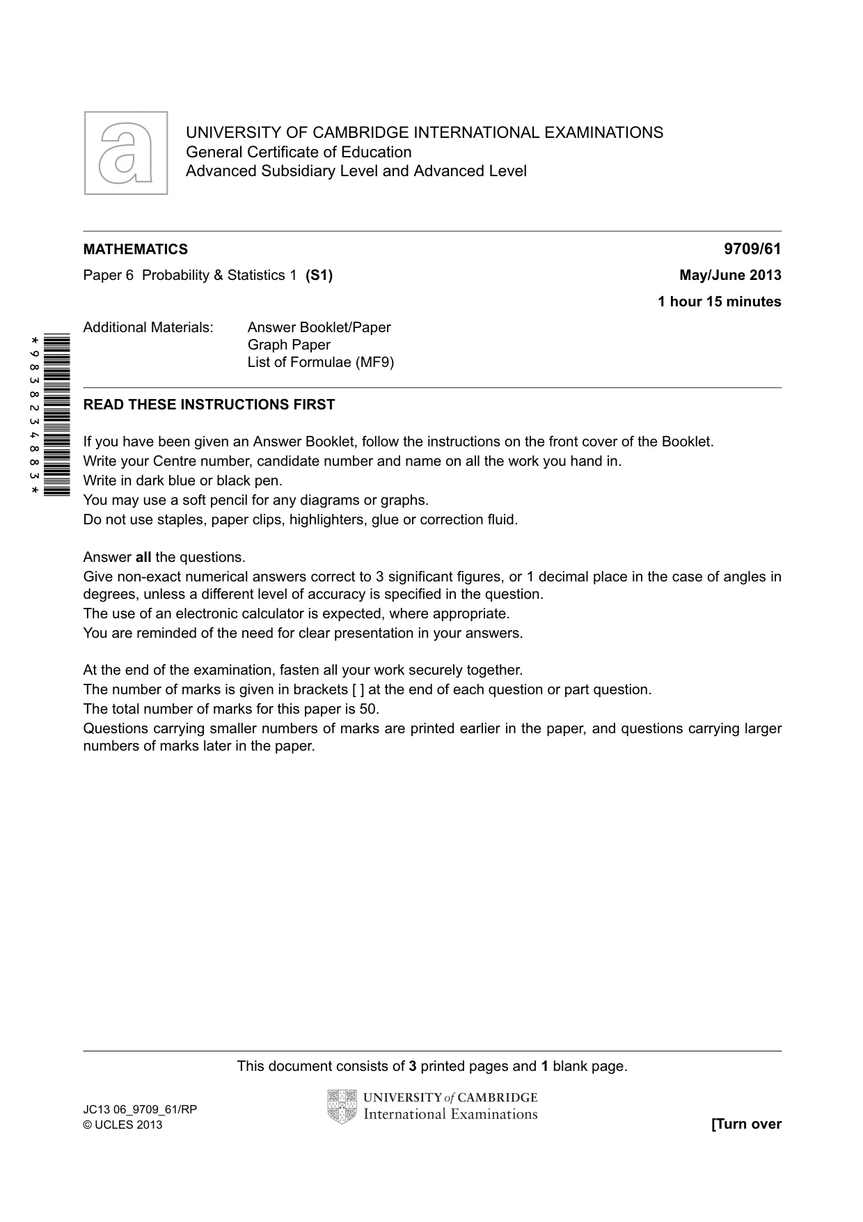 Cambridge A Level Mathematics 9709 2013 May/June Paper 6 · Variant 1 question paper, page 1 of 4