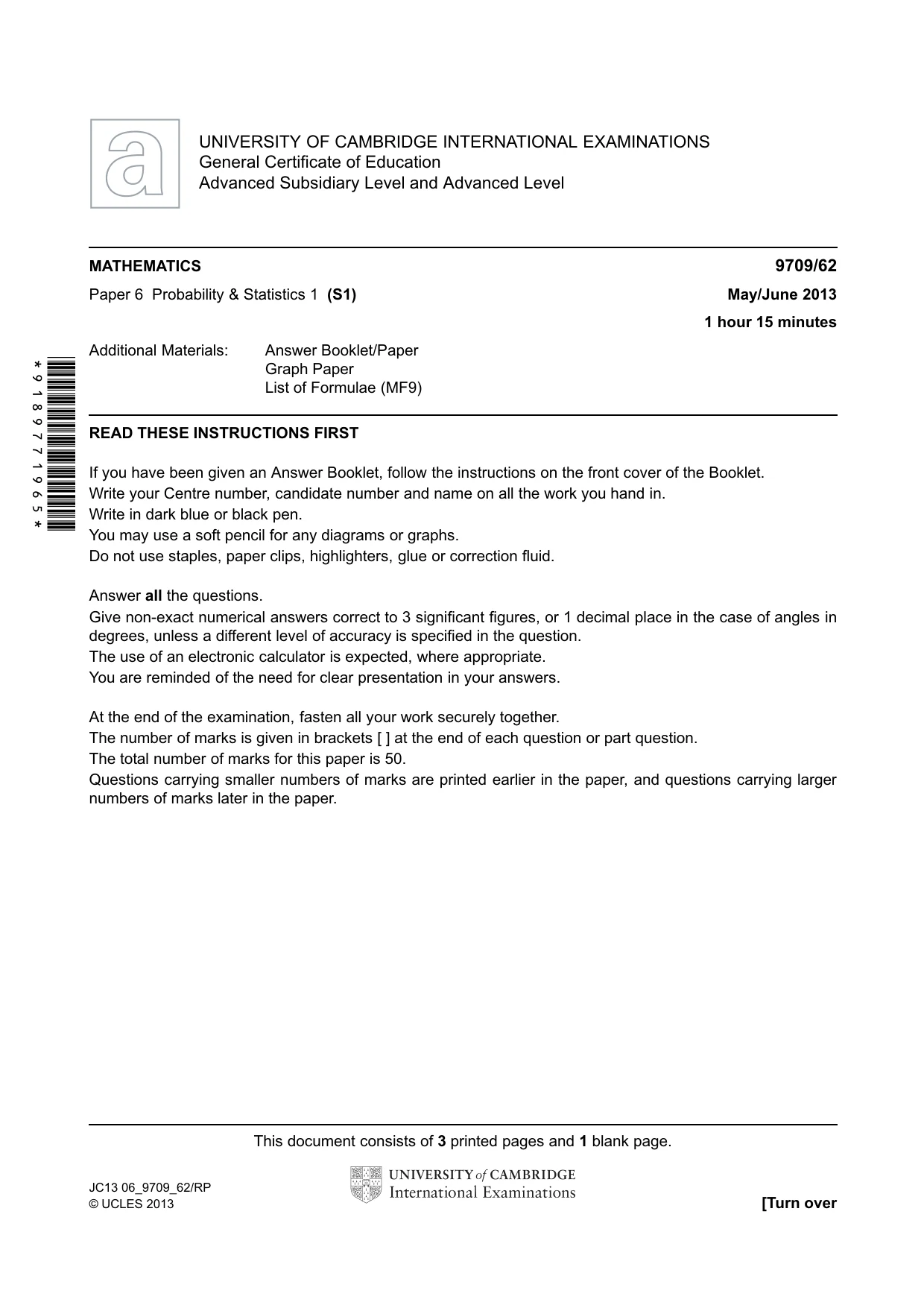 Cambridge A Level Mathematics 9709 2013 May/June Paper 6 · Variant 2 question paper, page 1 of 4