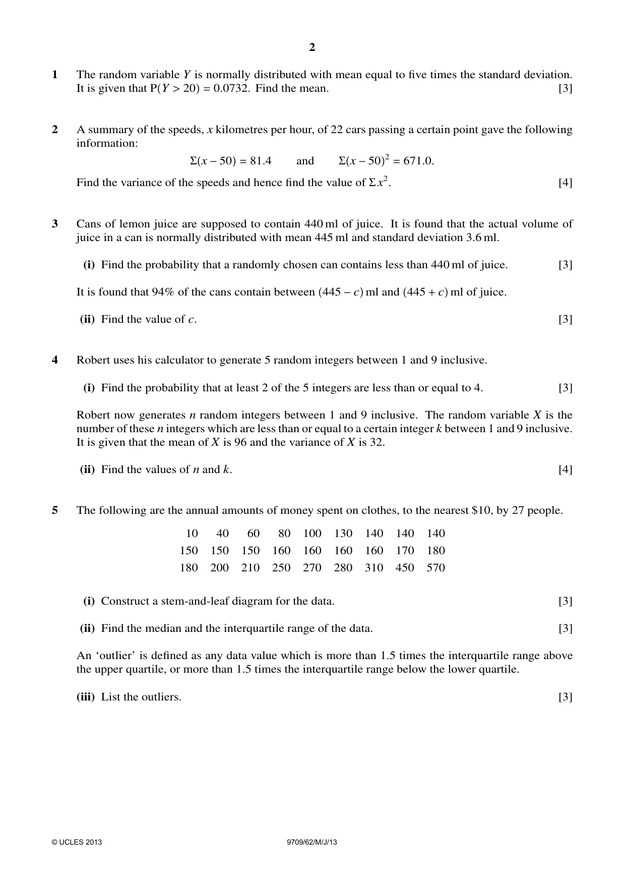 Cambridge A Level Mathematics 9709 2013 May/June Paper 6 · Variant 2 question paper, page 2 of 4