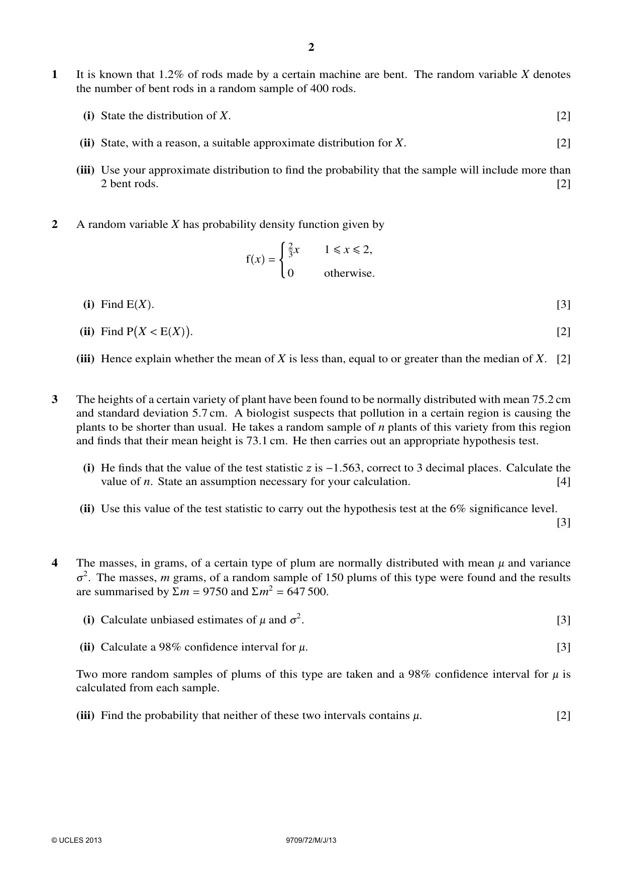 Cambridge A Level Mathematics 9709 2013 May/June Paper 7 · Variant 2 question paper, page 2 of 4