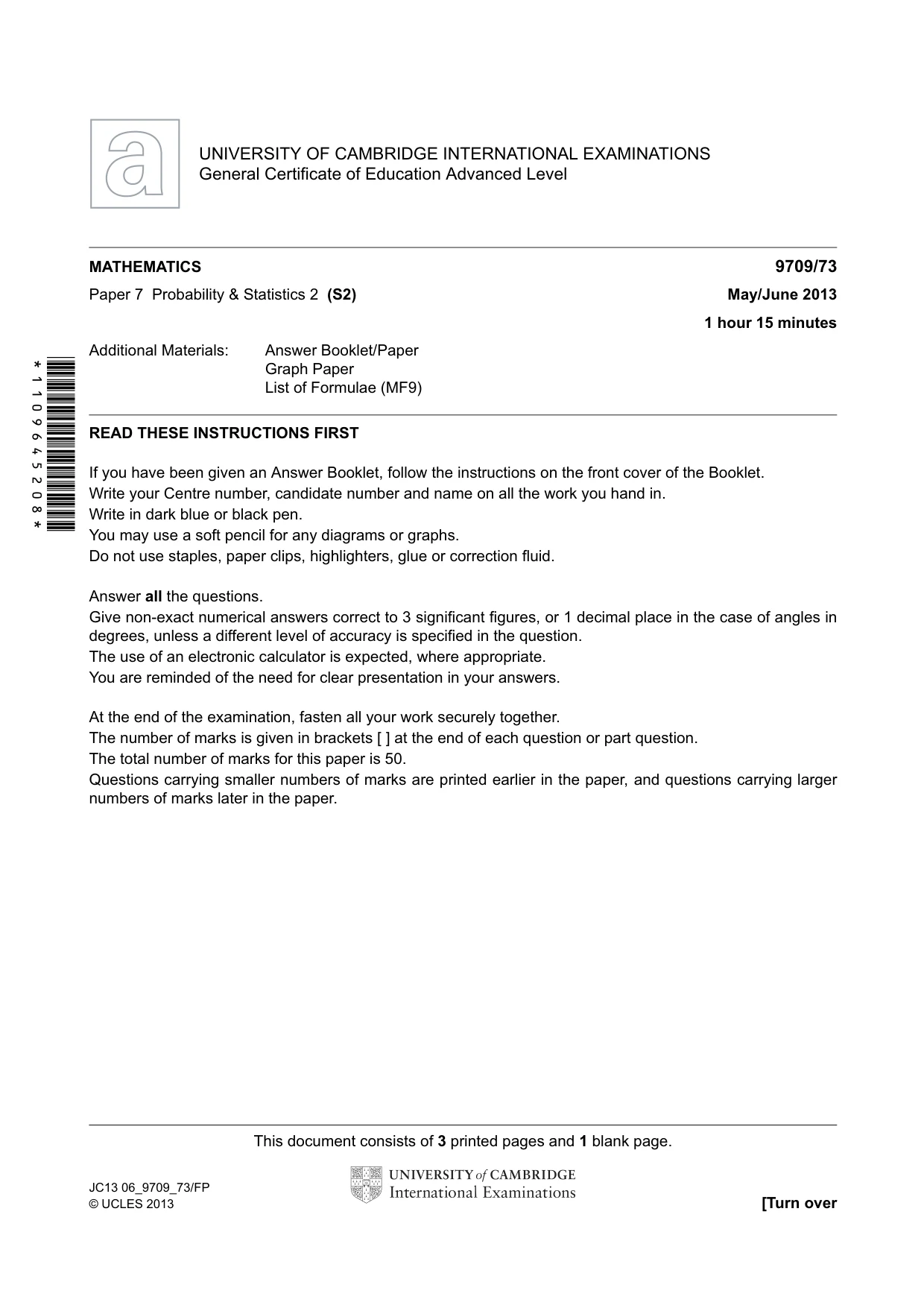 Cambridge A Level Mathematics 9709 2013 May/June Paper 7 · Variant 3 question paper, page 1 of 4