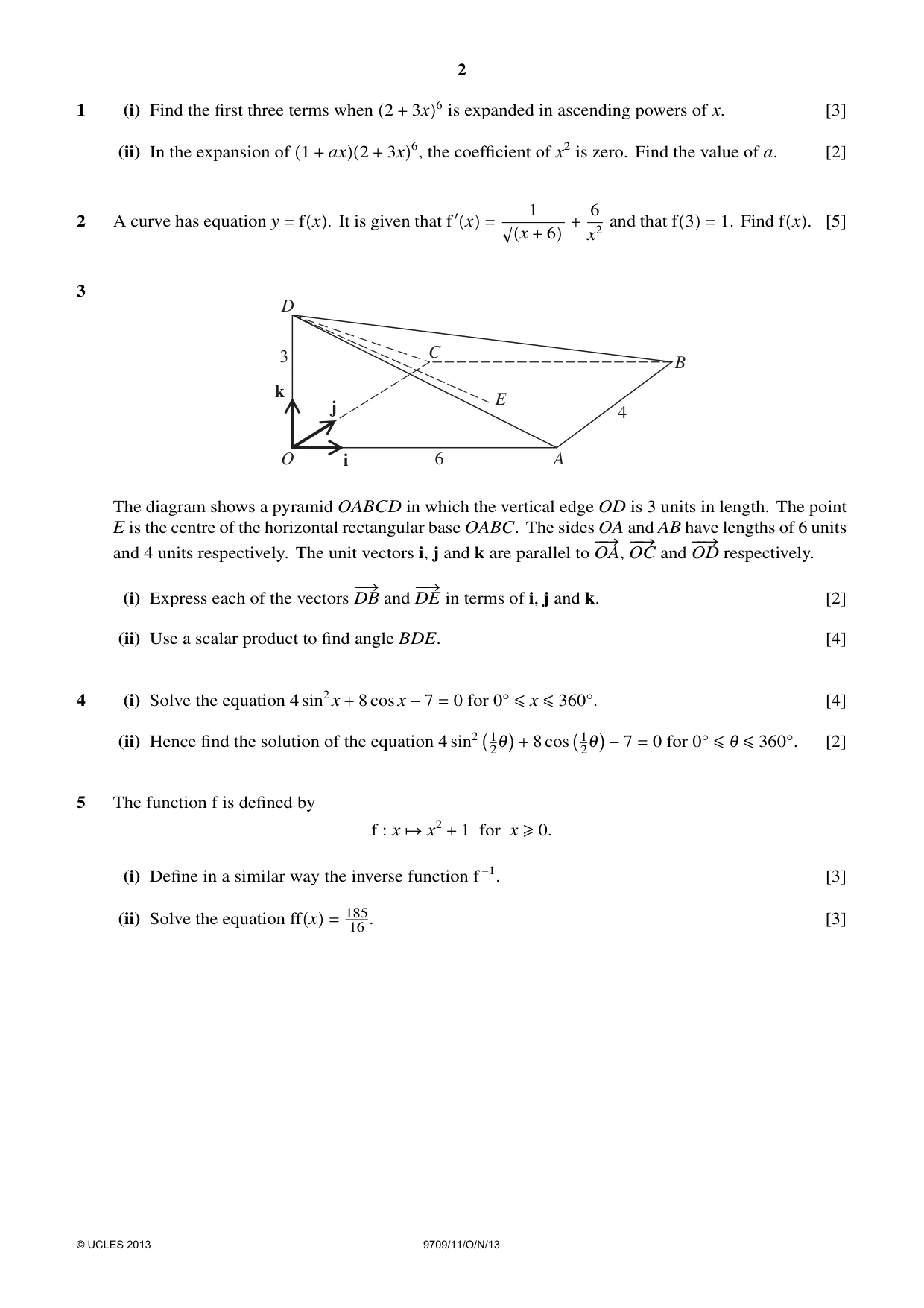 Cambridge A Level Mathematics 9709 2013 Oct/Nov Paper 1 · Variant 1 question paper, page 2 of 4