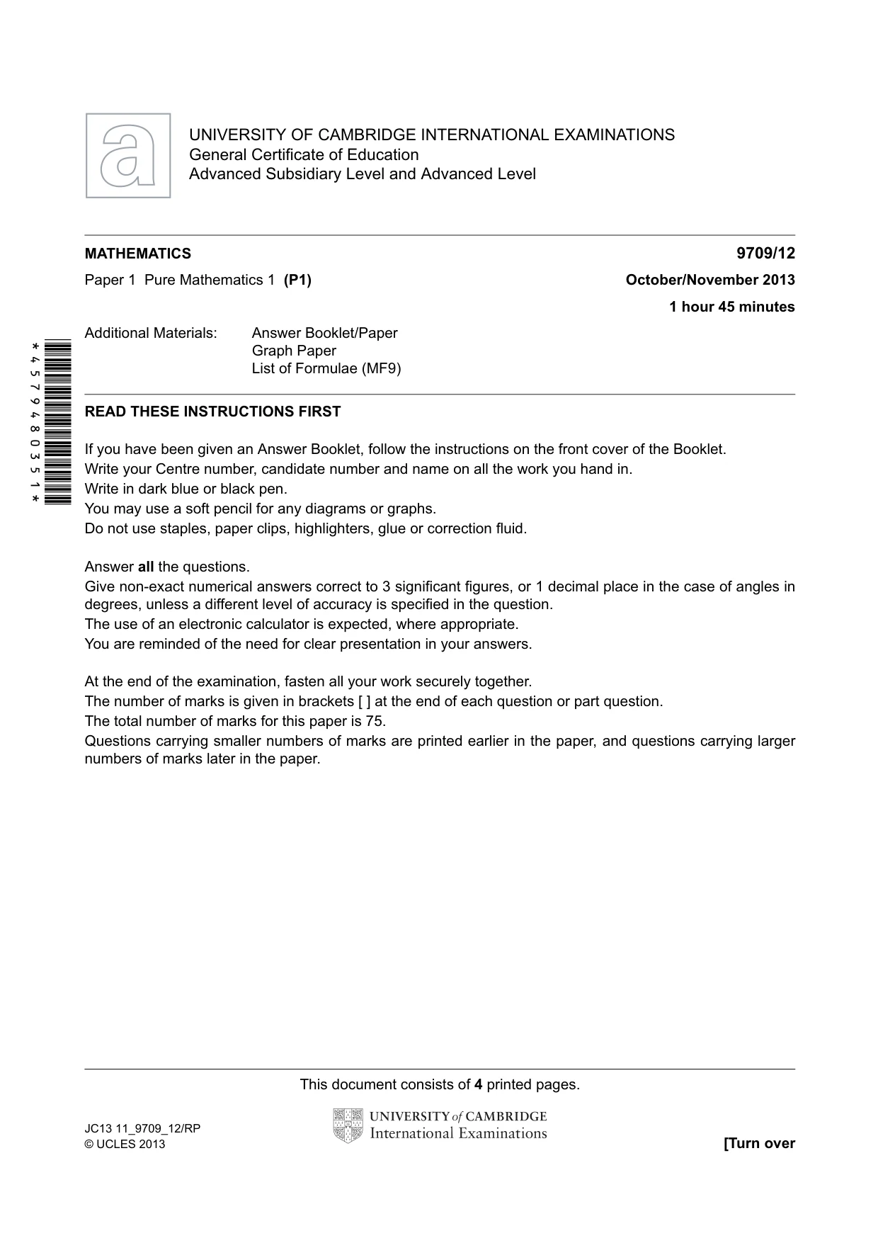 Cambridge A Level Mathematics 9709 2013 Oct/Nov Paper 1 · Variant 2 question paper, page 1 of 4