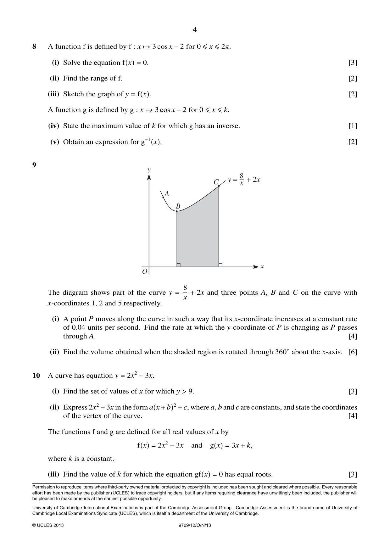 Cambridge A Level Mathematics 9709 2013 Oct/Nov Paper 1 · Variant 2 question paper, page 4 of 4