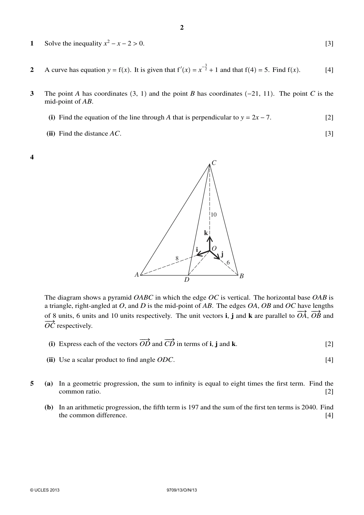 Cambridge A Level Mathematics 9709 2013 Oct/Nov Paper 1 · Variant 3 question paper, page 2 of 4