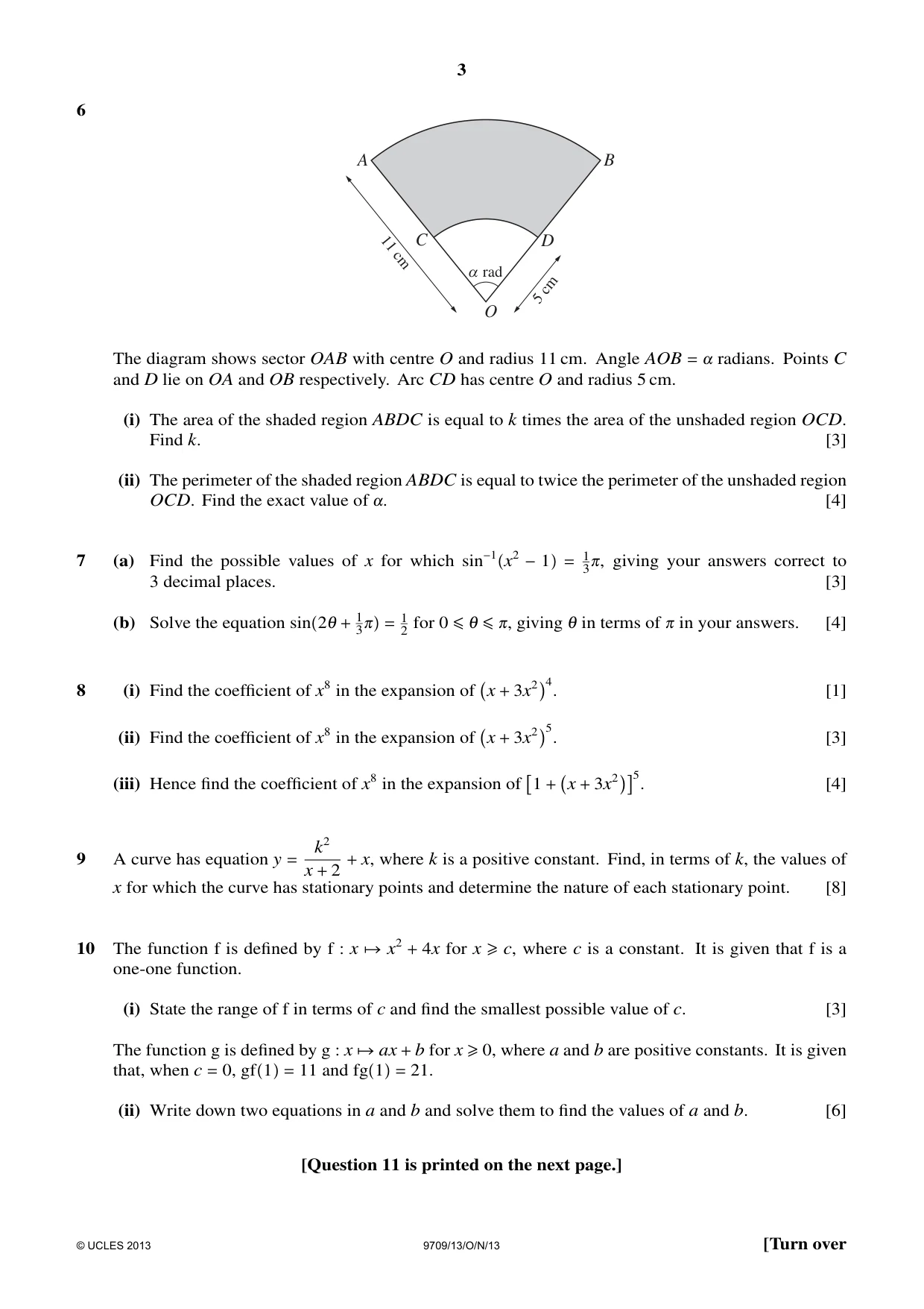 Cambridge A Level Mathematics 9709 2013 Oct/Nov Paper 1 · Variant 3 question paper, page 3 of 4