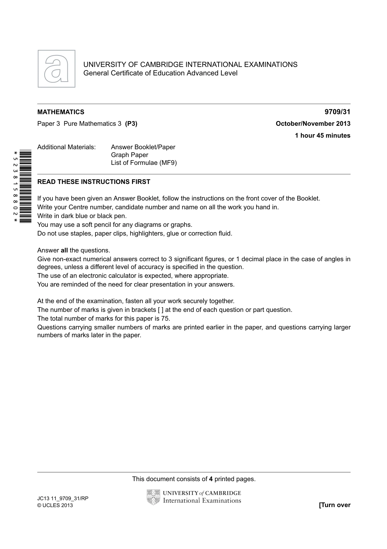 Cambridge A Level Mathematics 9709 2013 Oct/Nov Paper 3 · Variant 1 question paper, page 1 of 4