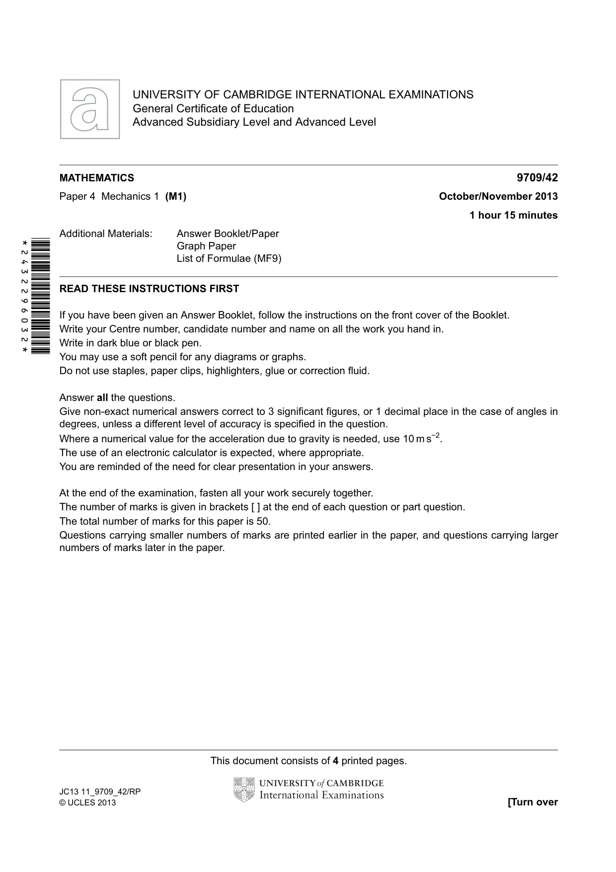 Cambridge A Level Mathematics 9709 2013 Oct/Nov Paper 4 · Variant 2 question paper, page 1 of 4