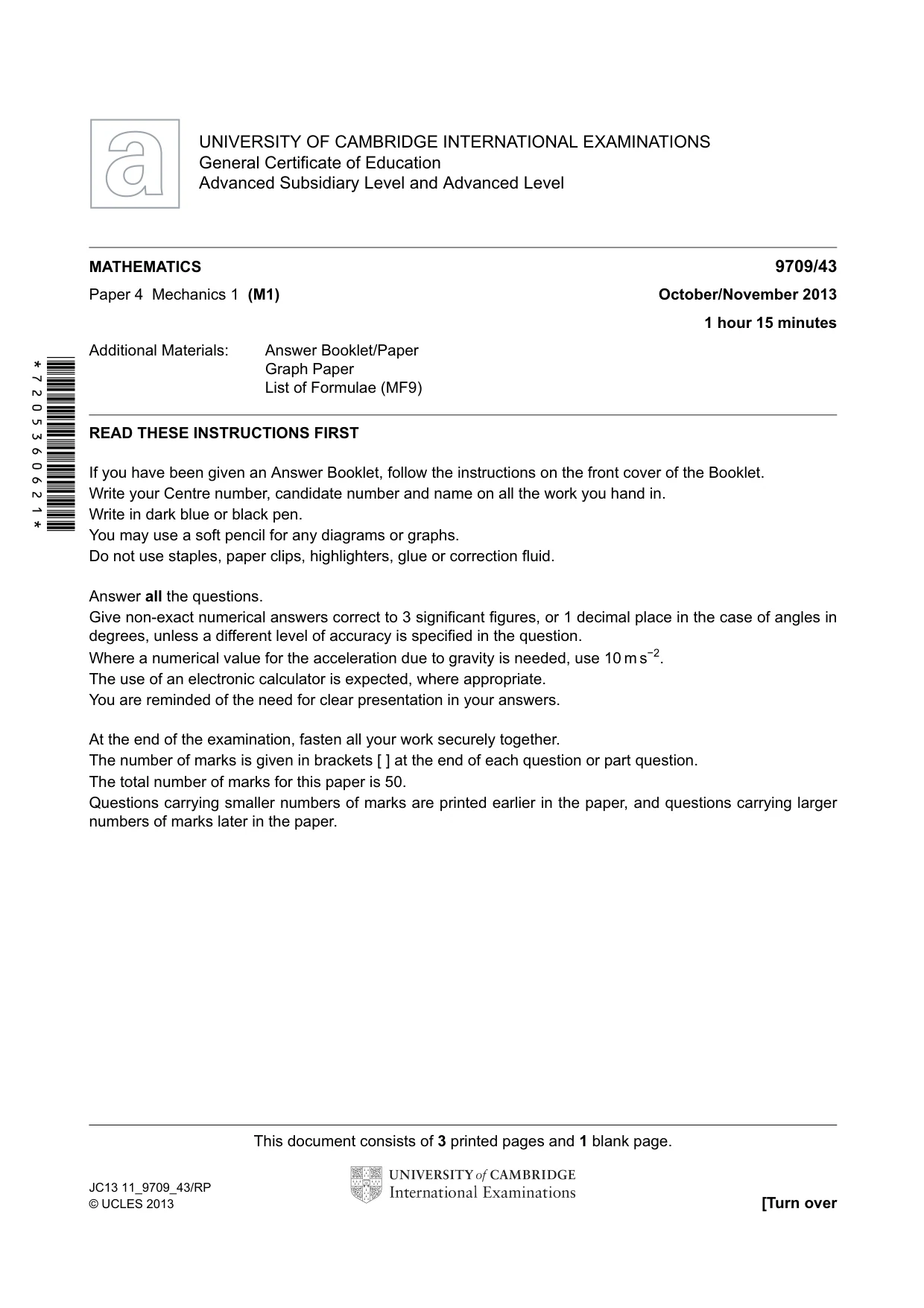 Cambridge A Level Mathematics 9709 2013 Oct/Nov Paper 4 · Variant 3 question paper, page 1 of 4
