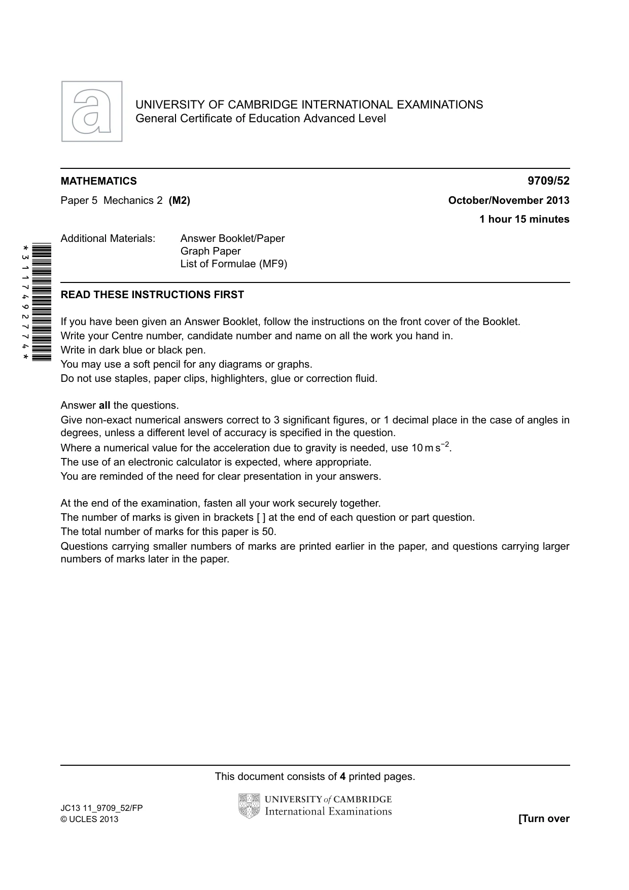 Cambridge A Level Mathematics 9709 2013 Oct/Nov Paper 5 · Variant 2 question paper, page 1 of 4