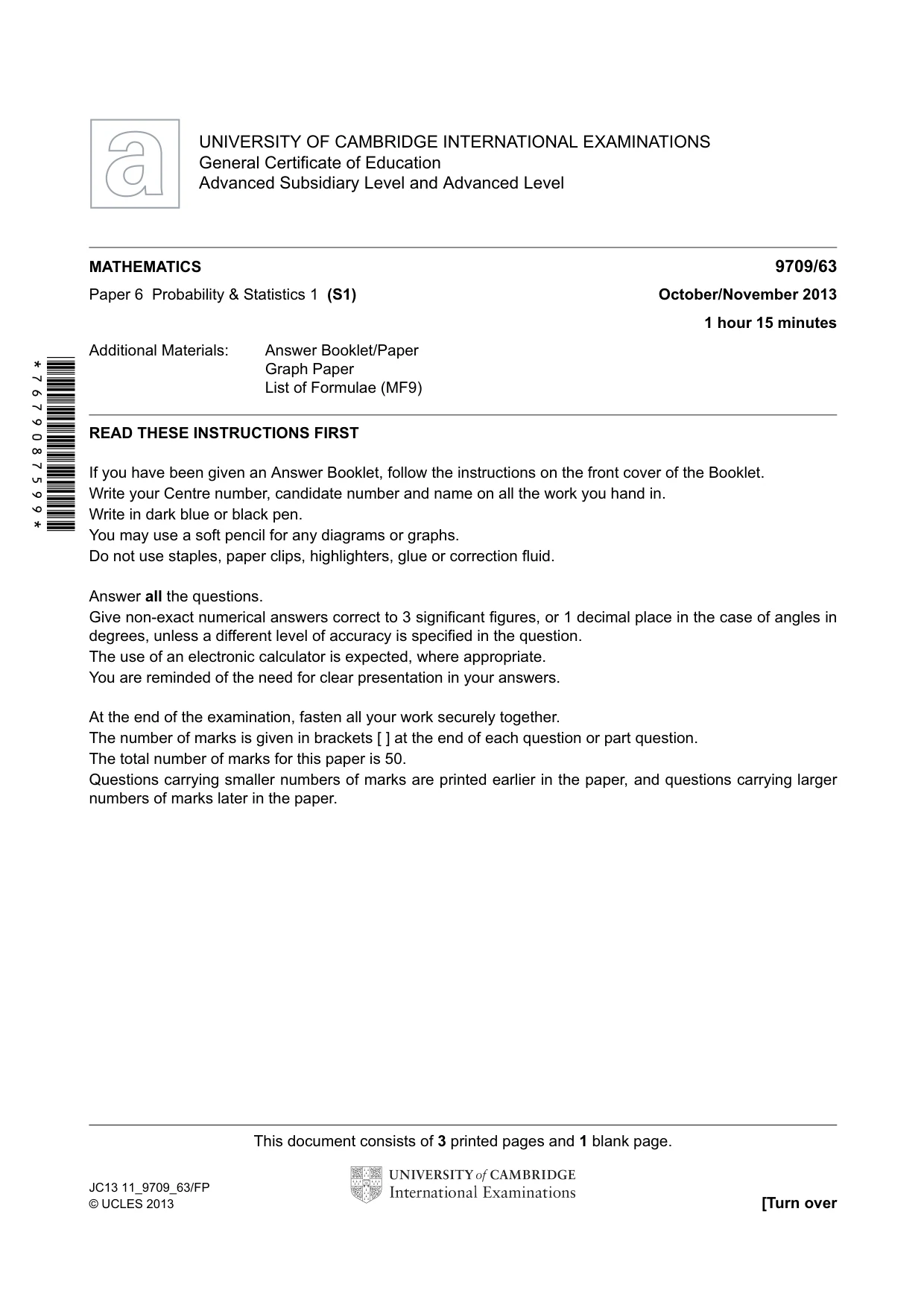 Cambridge A Level Mathematics 9709 2013 Oct/Nov Paper 6 · Variant 3 question paper, page 1 of 4