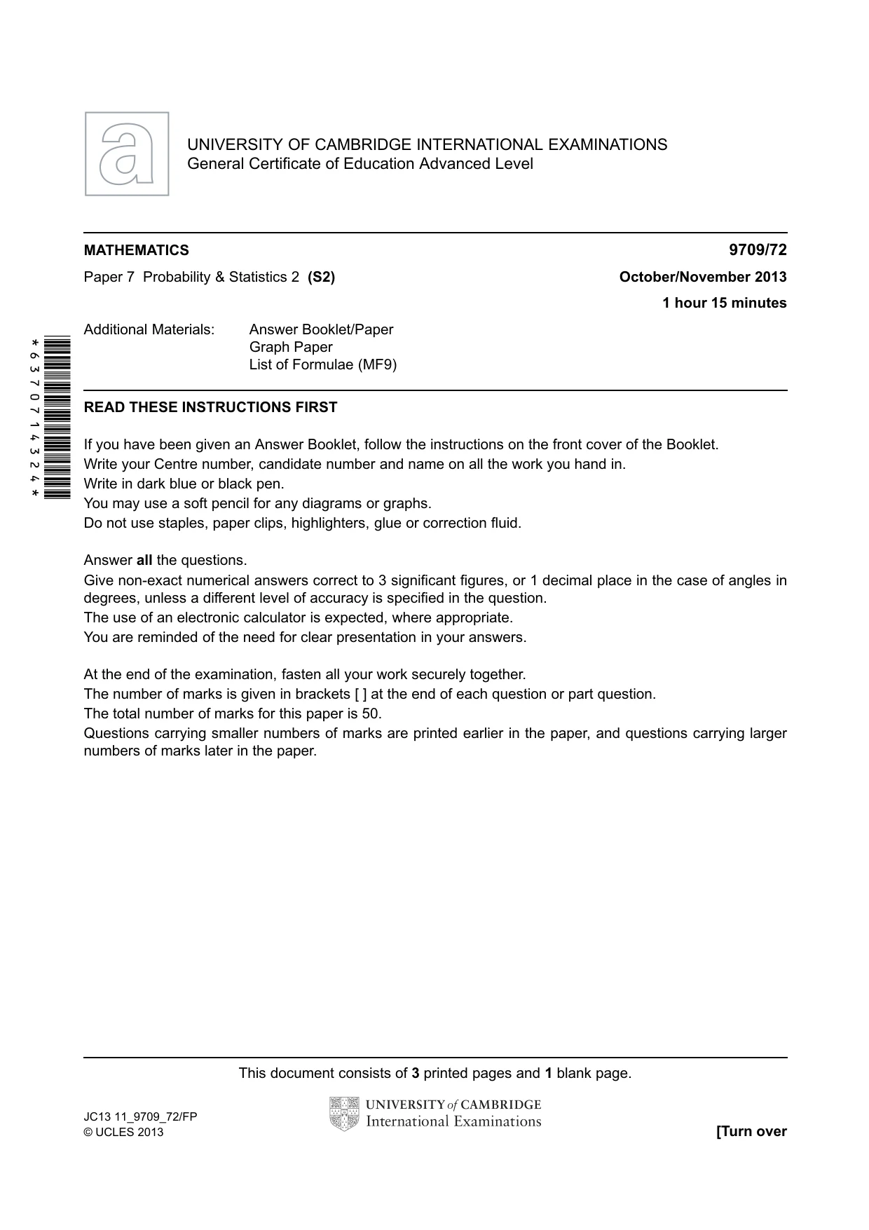 Cambridge A Level Mathematics 9709 2013 Oct/Nov Paper 7 · Variant 2 question paper, page 1 of 4