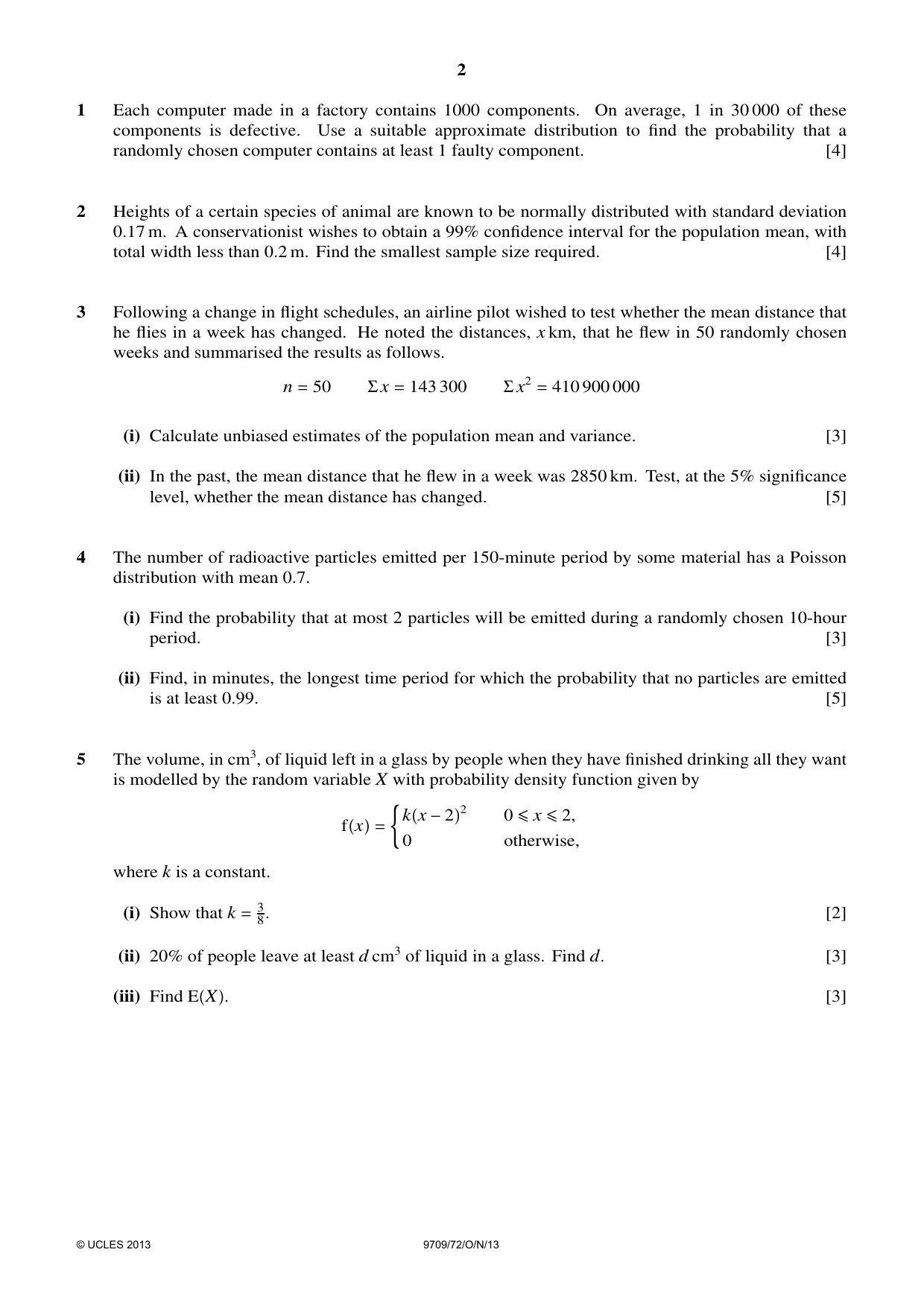 Cambridge A Level Mathematics 9709 2013 Oct/Nov Paper 7 · Variant 2 question paper, page 2 of 4